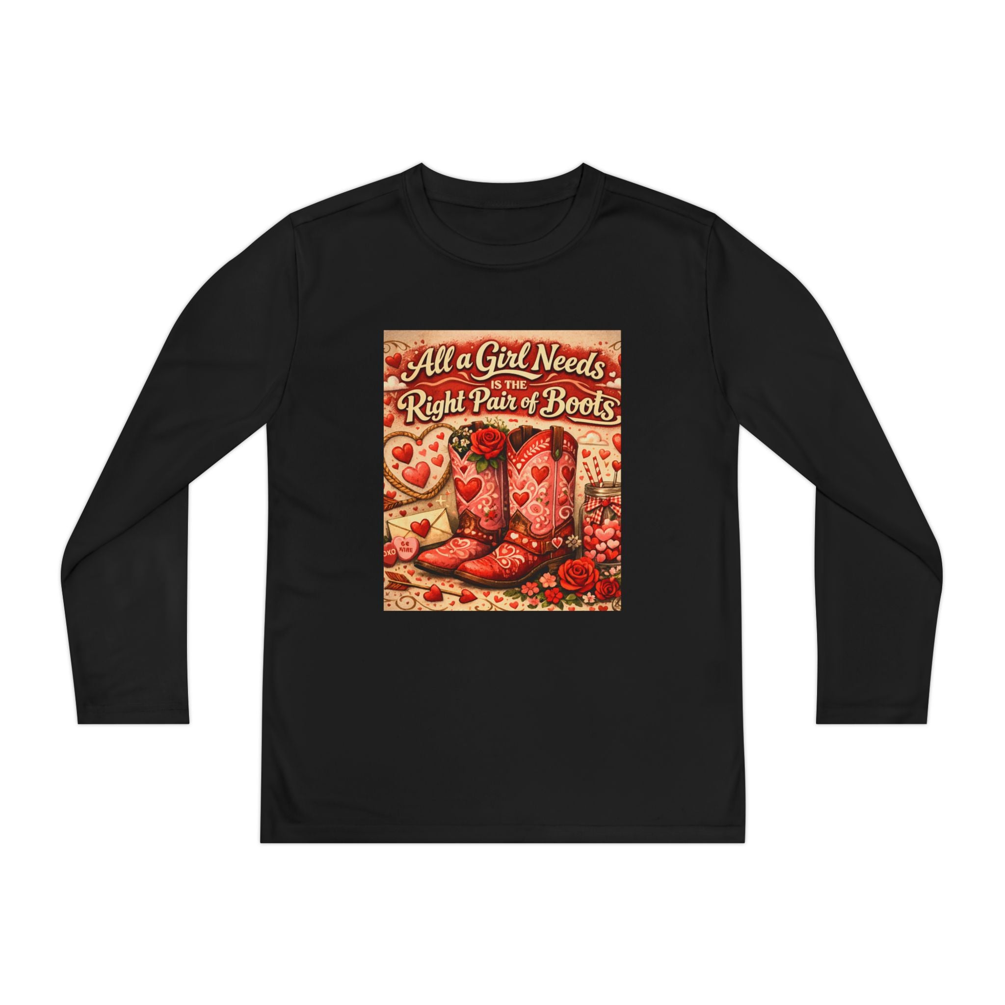 Youth Long Sleeve Tee — "All a Girl Needs is the Right Pair of Boots" Western Graphic