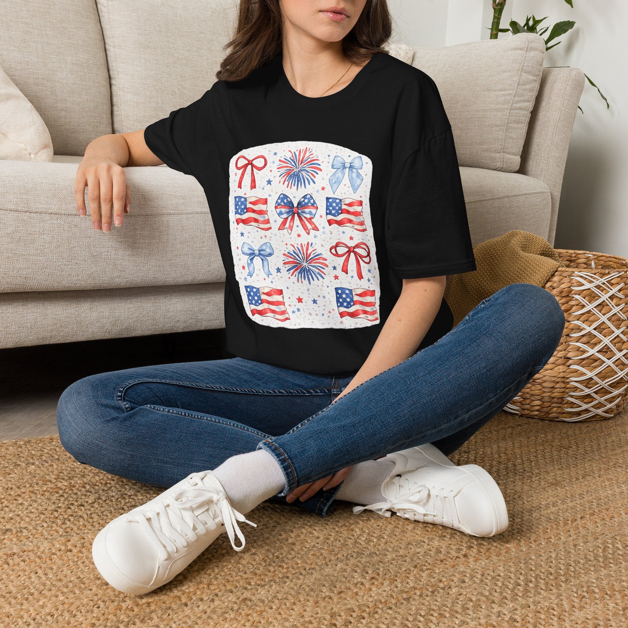 Patriotic 4th of July T-Shirt — USA Flag Bows & Fireworks Design