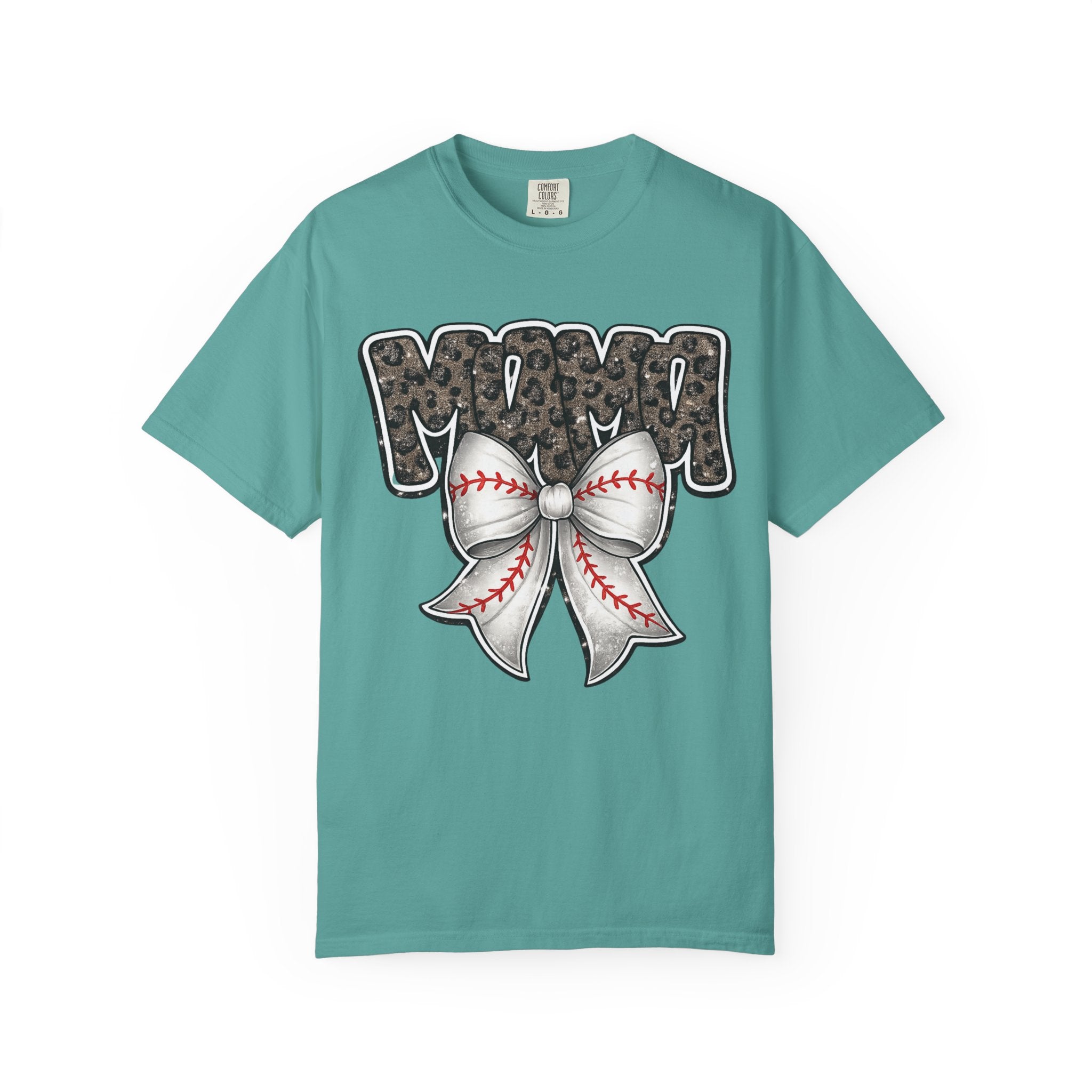 Baseball Mom T-Shirt — Camo Lettering with Baseball Bow