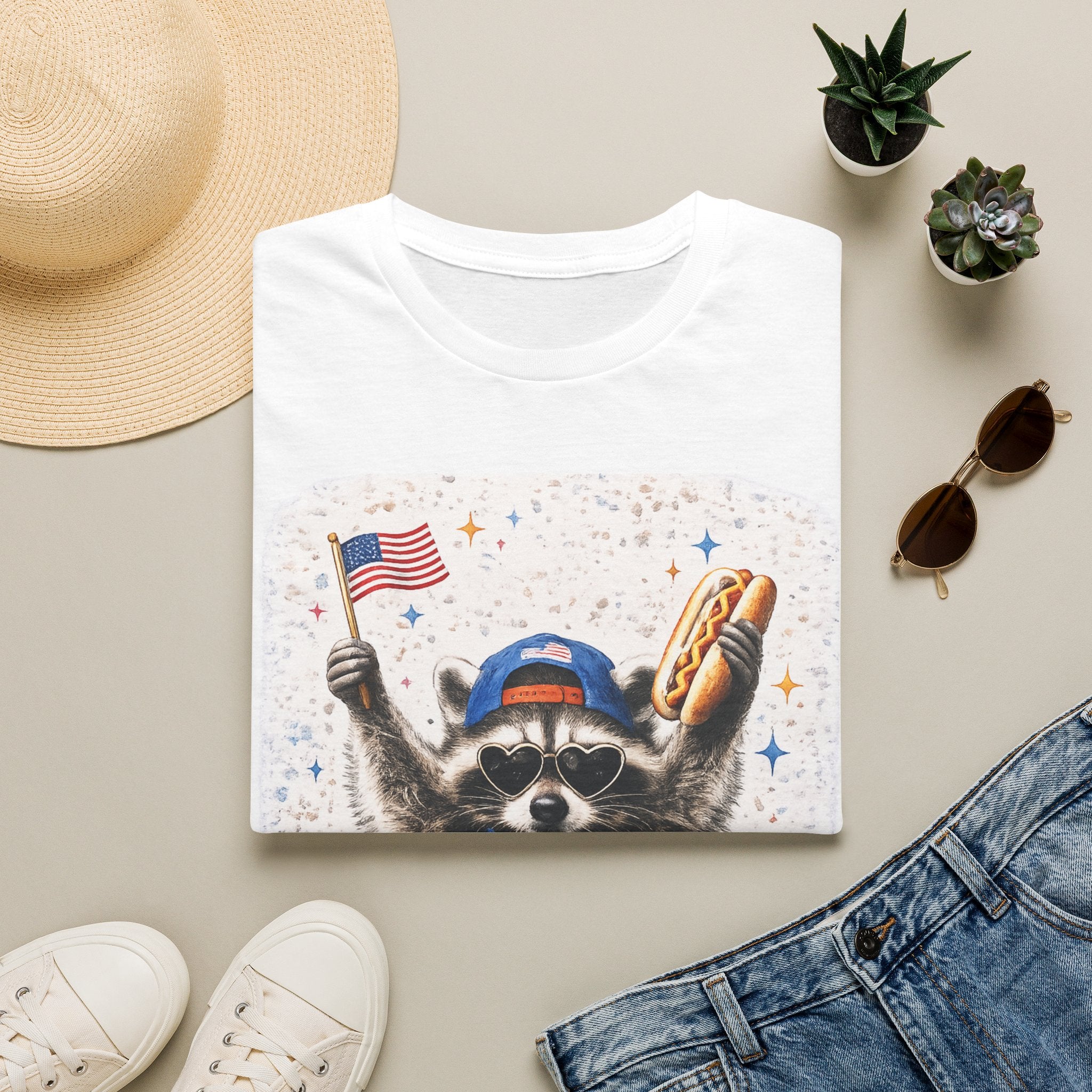 Patriotic Raccoon T-Shirt — 'America' Flag & Hot Dog Graphic
