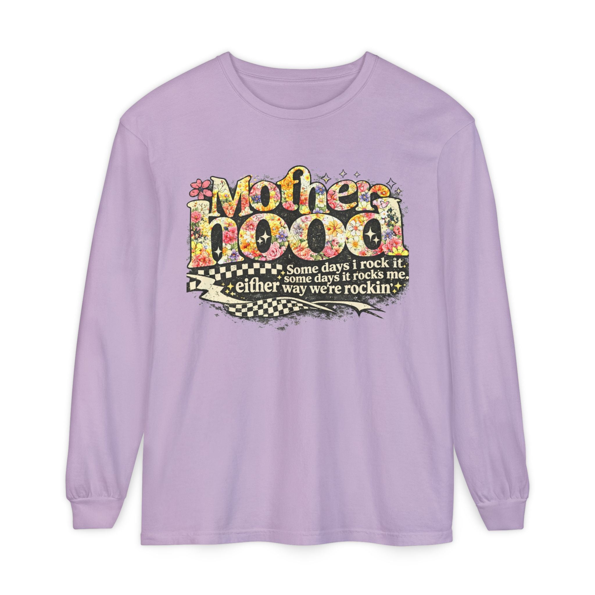 Motherhood Graphic Long Sleeve Tee — "Mother Doodle: Some days I rock it"