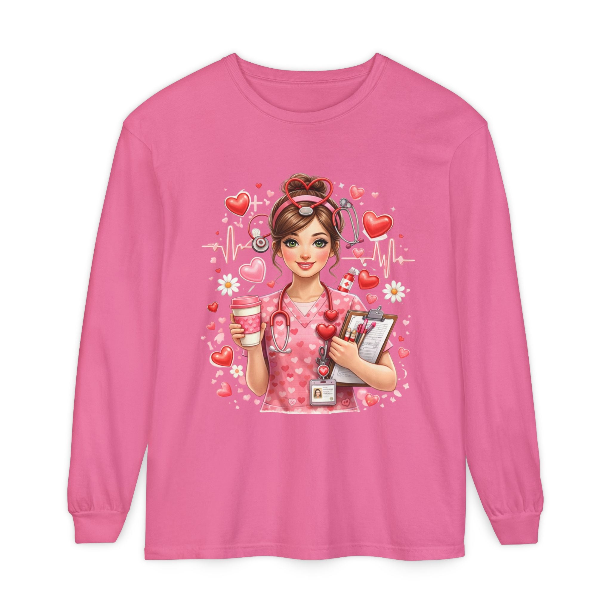 Nurse Love Long Sleeve T-Shirt — Cute Heartbeat Healthcare Graphic