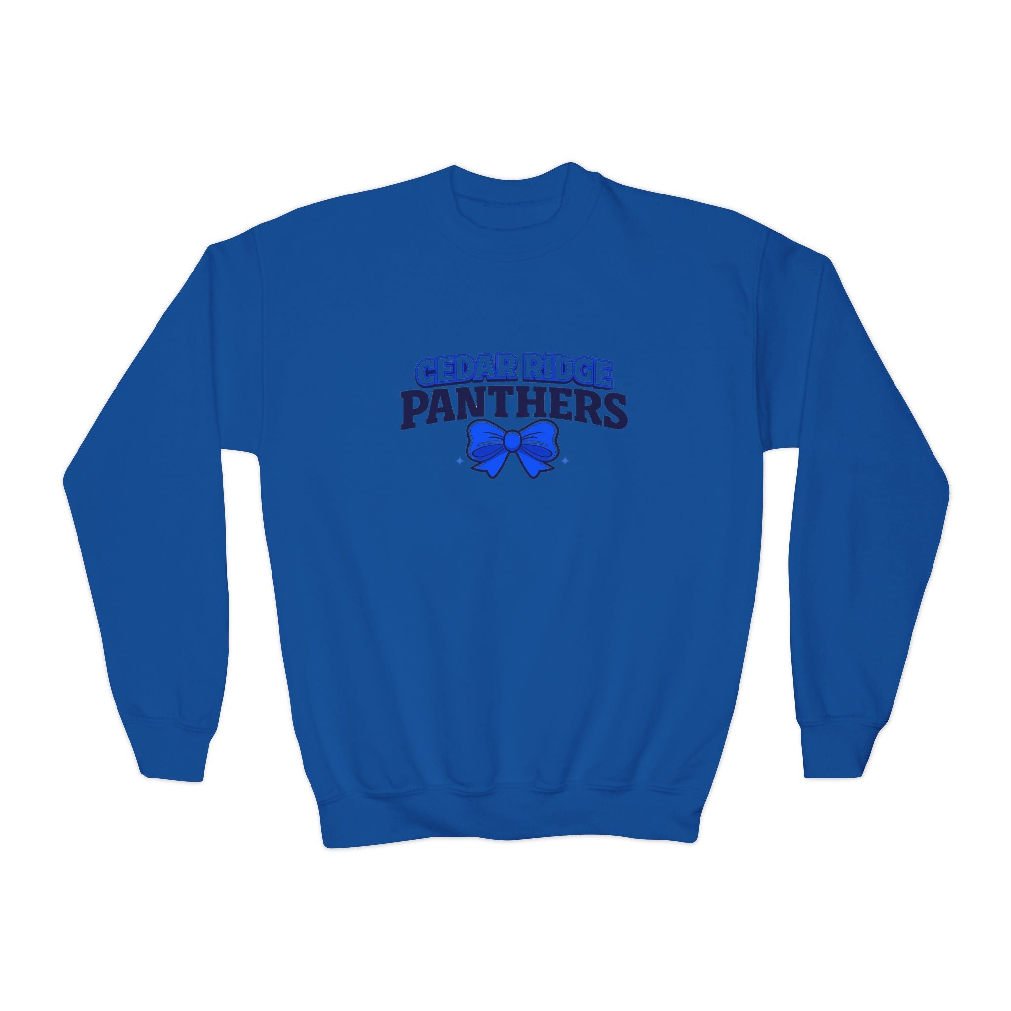 Cedar Ridge Panthers Youth Crewneck Sweatshirt — Blue Cheer Bow School Spirit