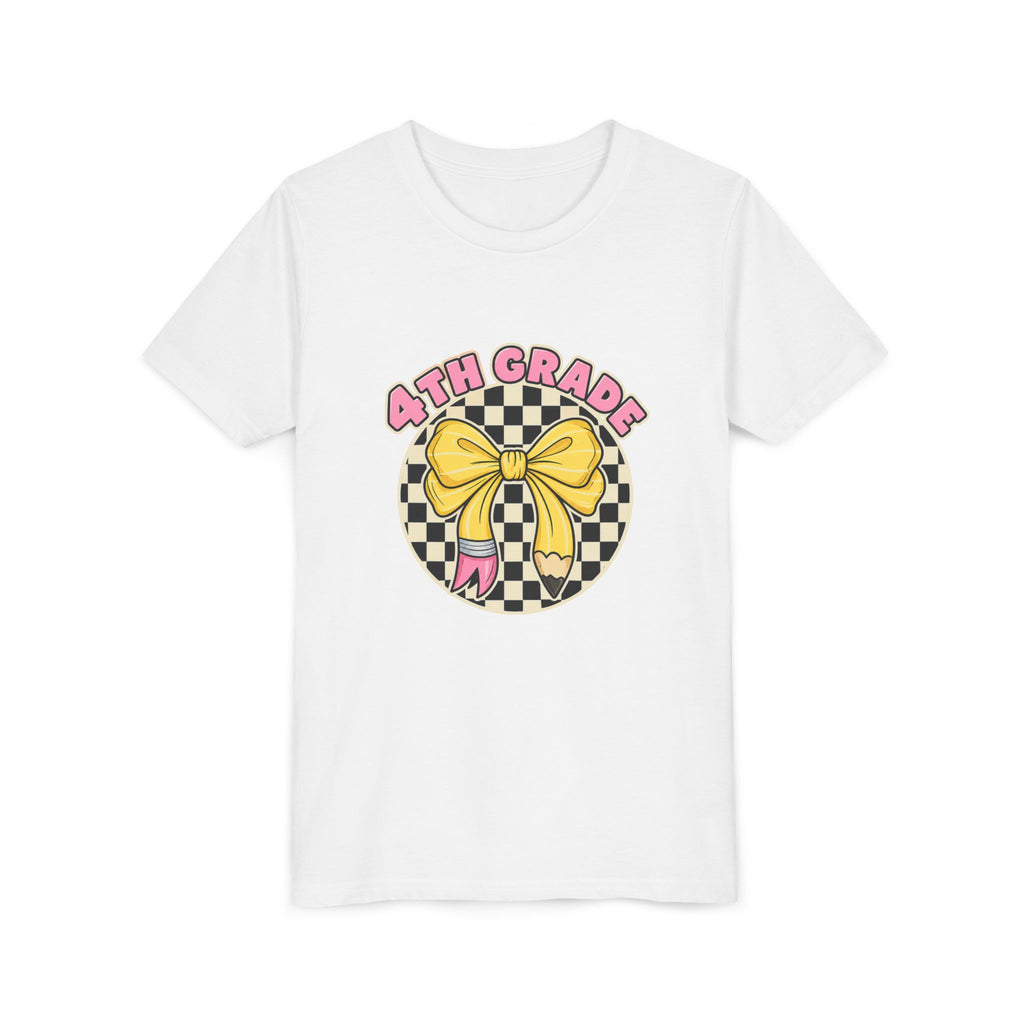 4th Grade Youth Tee — Cute Checkerboard Bow Back-to-School Shirt