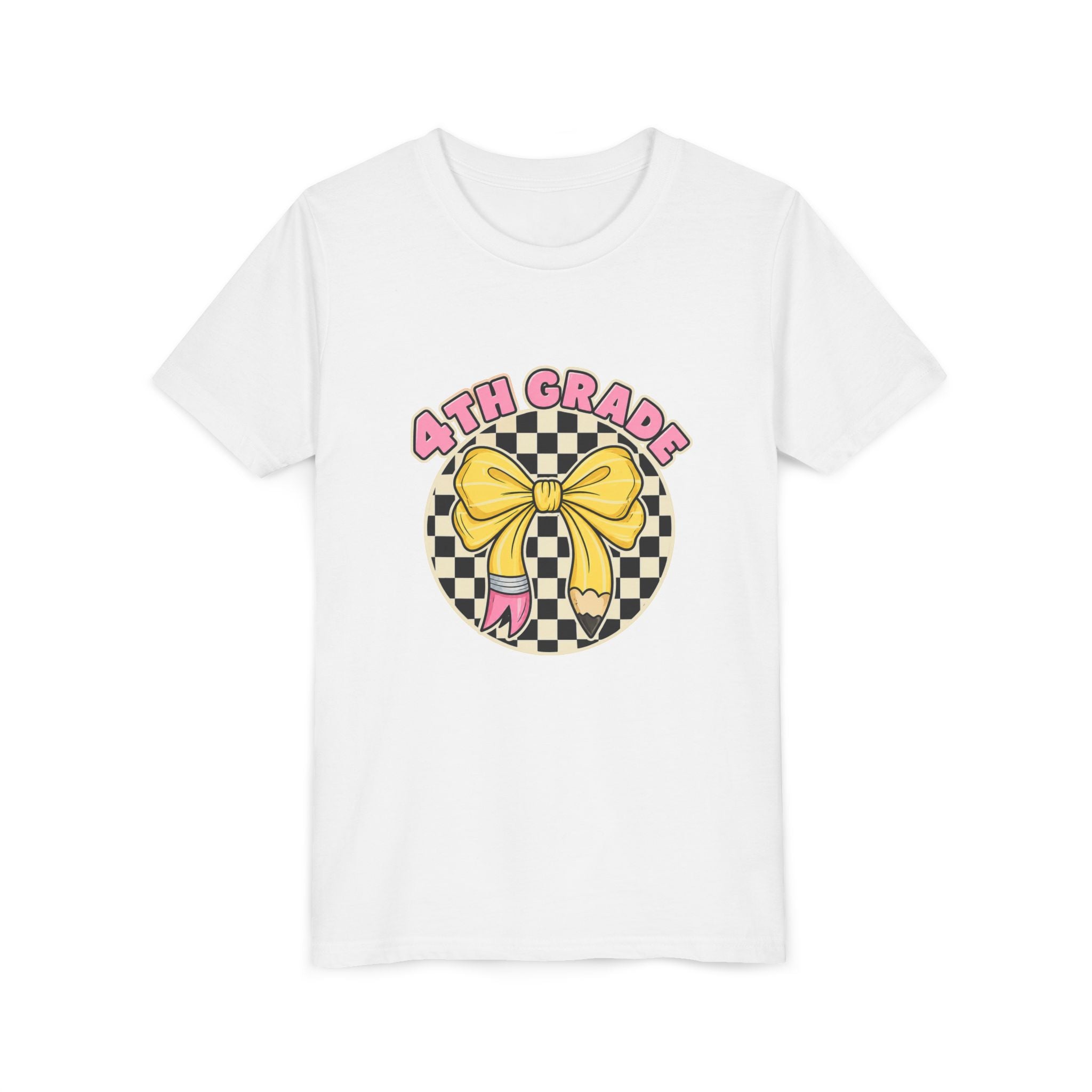 4th Grade Youth Tee — Cute Checkerboard Bow Back-to-School Shirt