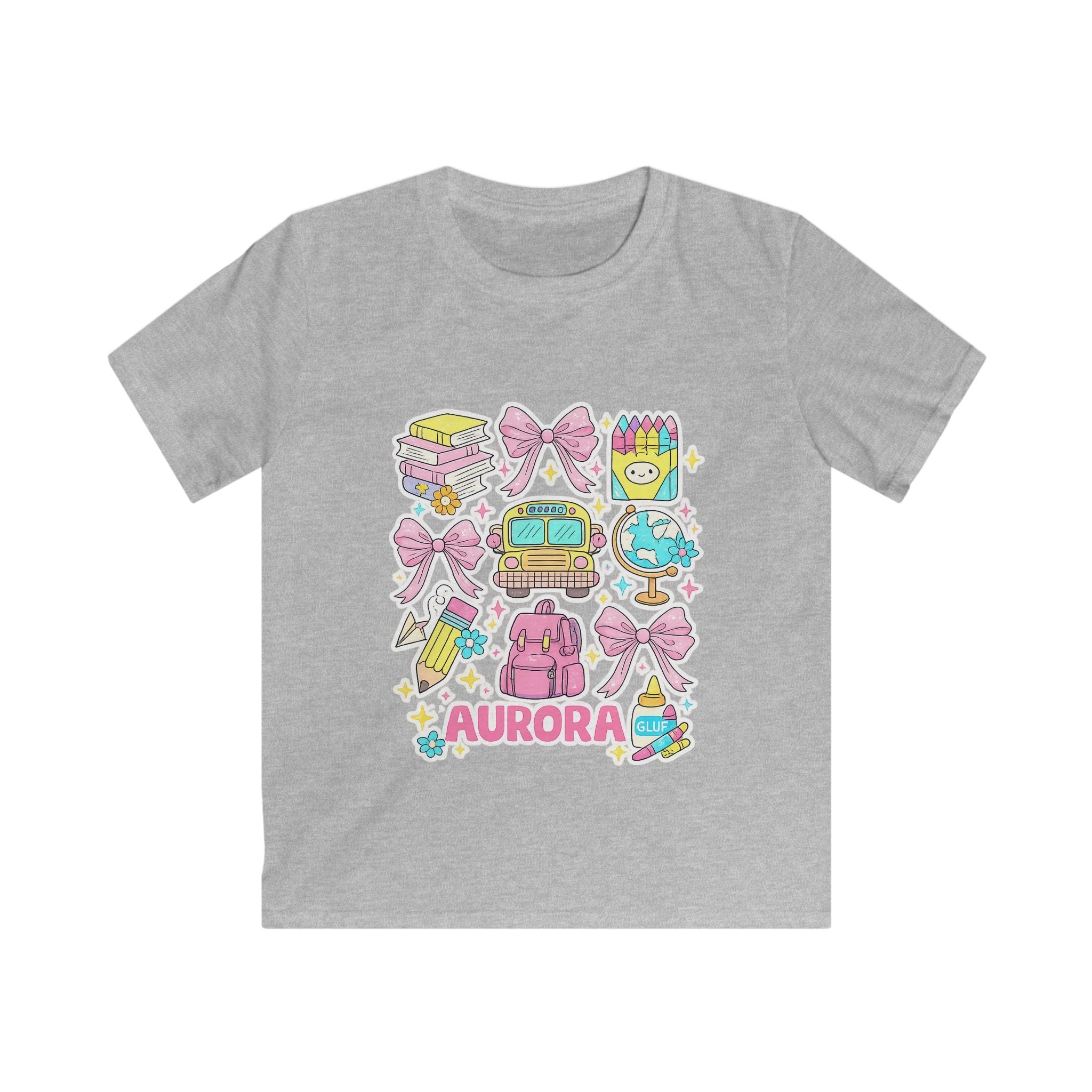 Kids Tee — Cute Pastel School Icons Design with Name "Aurora"