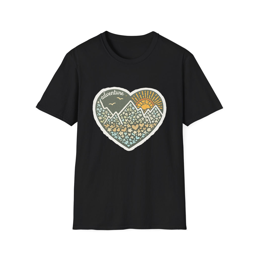 Adventure Heart Mountain T‑Shirt — Sunrise Nature Graphic Tee for Hikers & Outdoor Lovers
