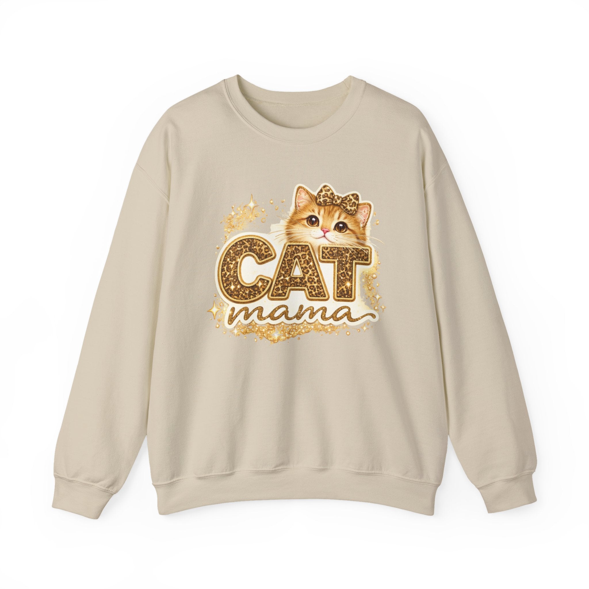 Cat Mama Crewneck Sweatshirt – Cute Gold Glitter Cat Graphic