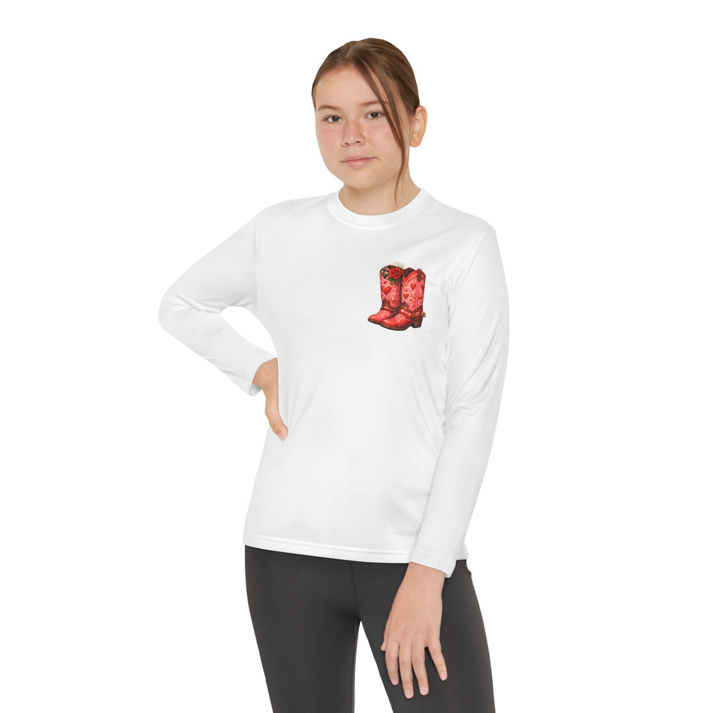 Youth Long Sleeve Tee — “All a Girl Needs is a Right Pair of Boots” Cowboy Boots Graphic