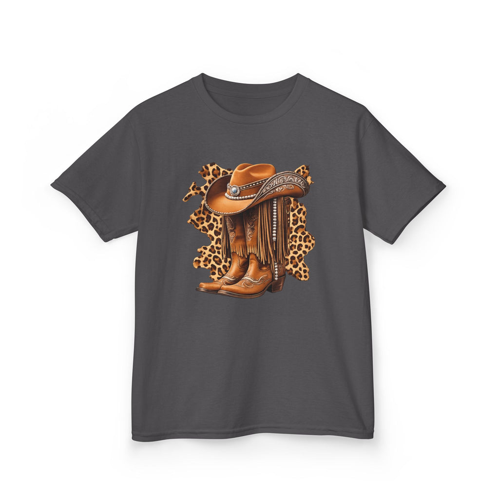 Kids Cowboy Hat & Boots Tee — Leopard Print Western Kids T-Shirt