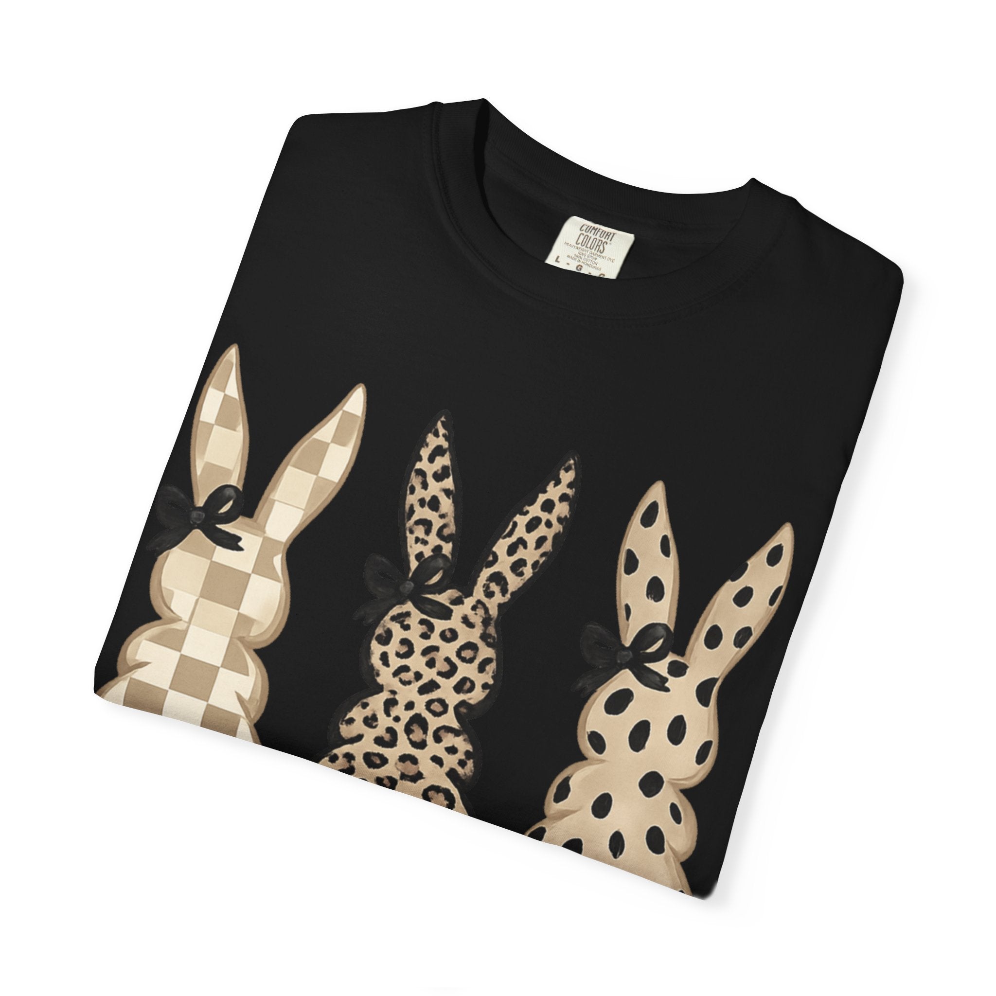 Easter Bunny Trio T-Shirt — Neutral Plaid, Leopard & Polka Dot Bunnies
