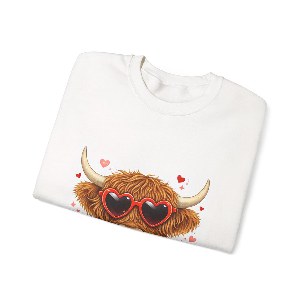 Valentine Highland Cow Sweatshirt – Cute Heart Sunglasses & Scarf Crewneck
