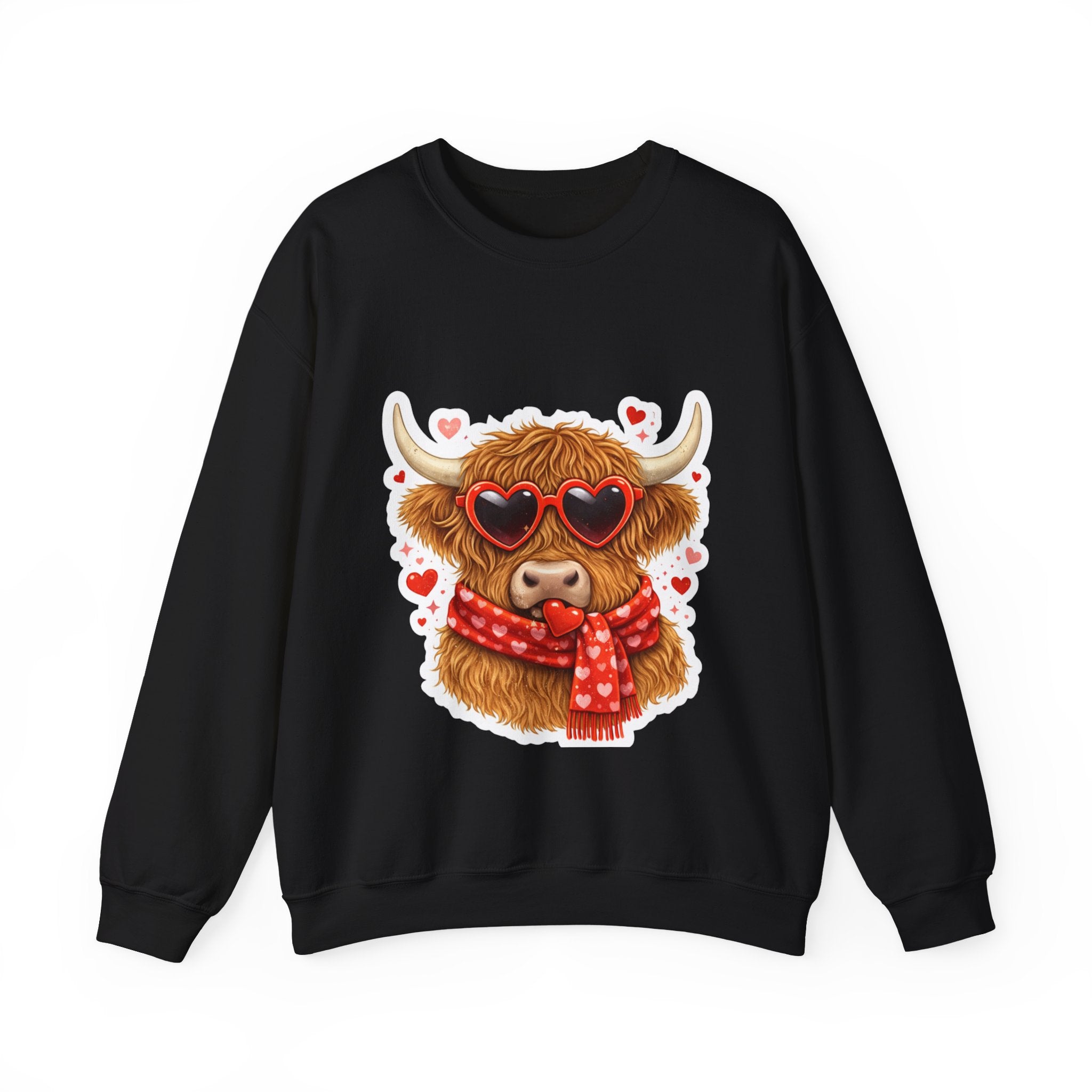 Valentine Highland Cow Sweatshirt – Cute Heart Sunglasses & Scarf Crewneck