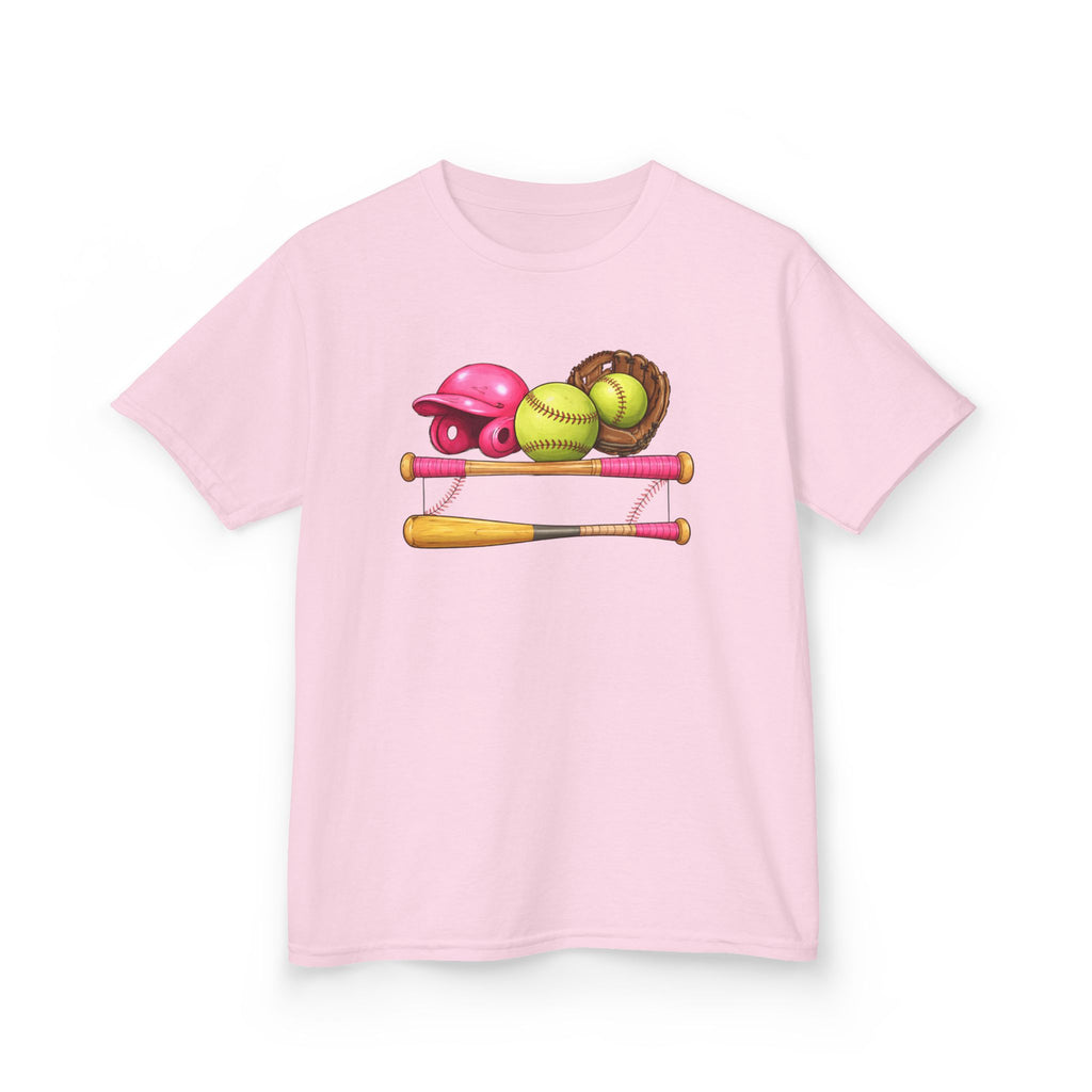 Kids Softball Gear T-Shirt — Pink Helmet, Bat & Glove Baseball Design