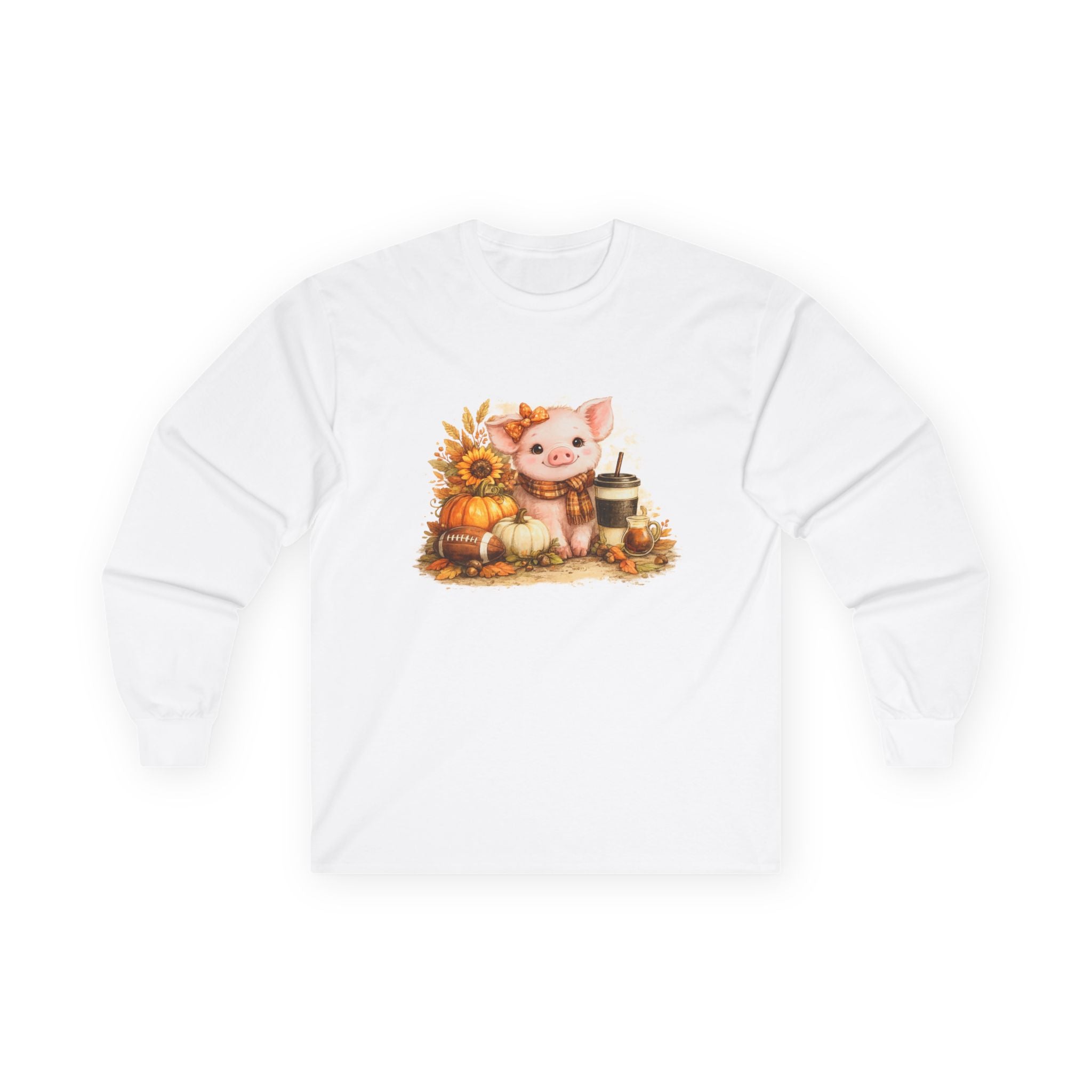 Long Sleeve Tee — Cute Fall Pig with Pumpkins & Sunflower Autumn Graphic