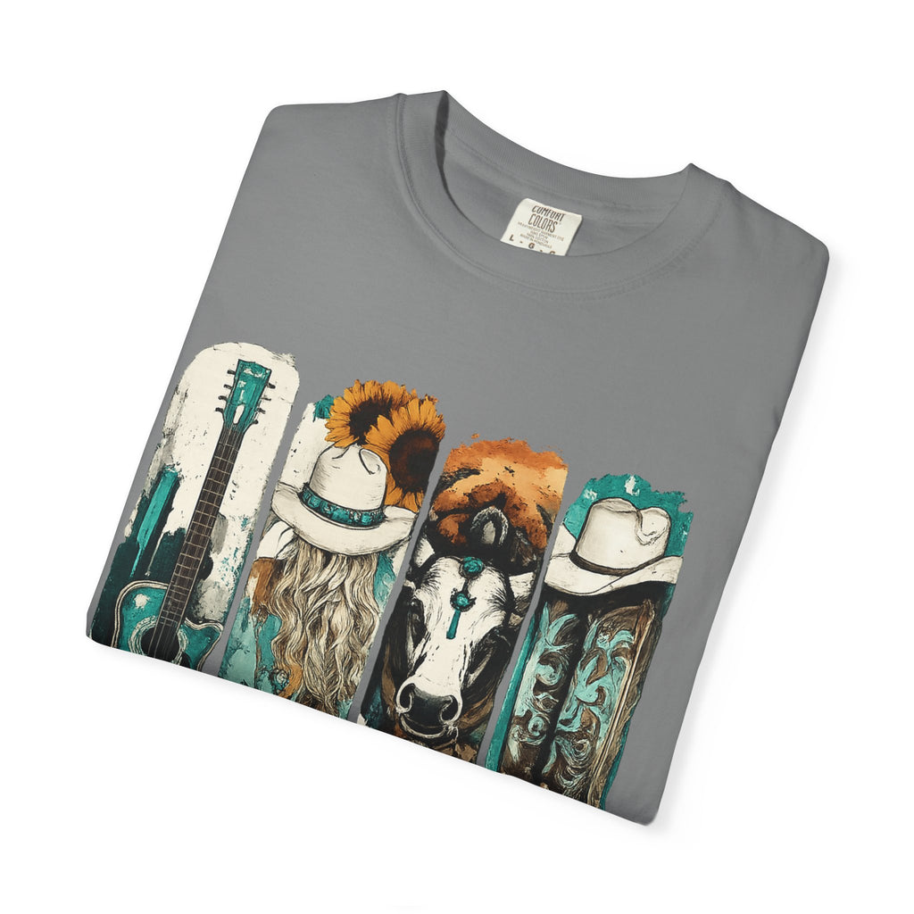 Western Music Icons T-Shirt — Rustic Guitar, Boots & Hat Graphic Tee