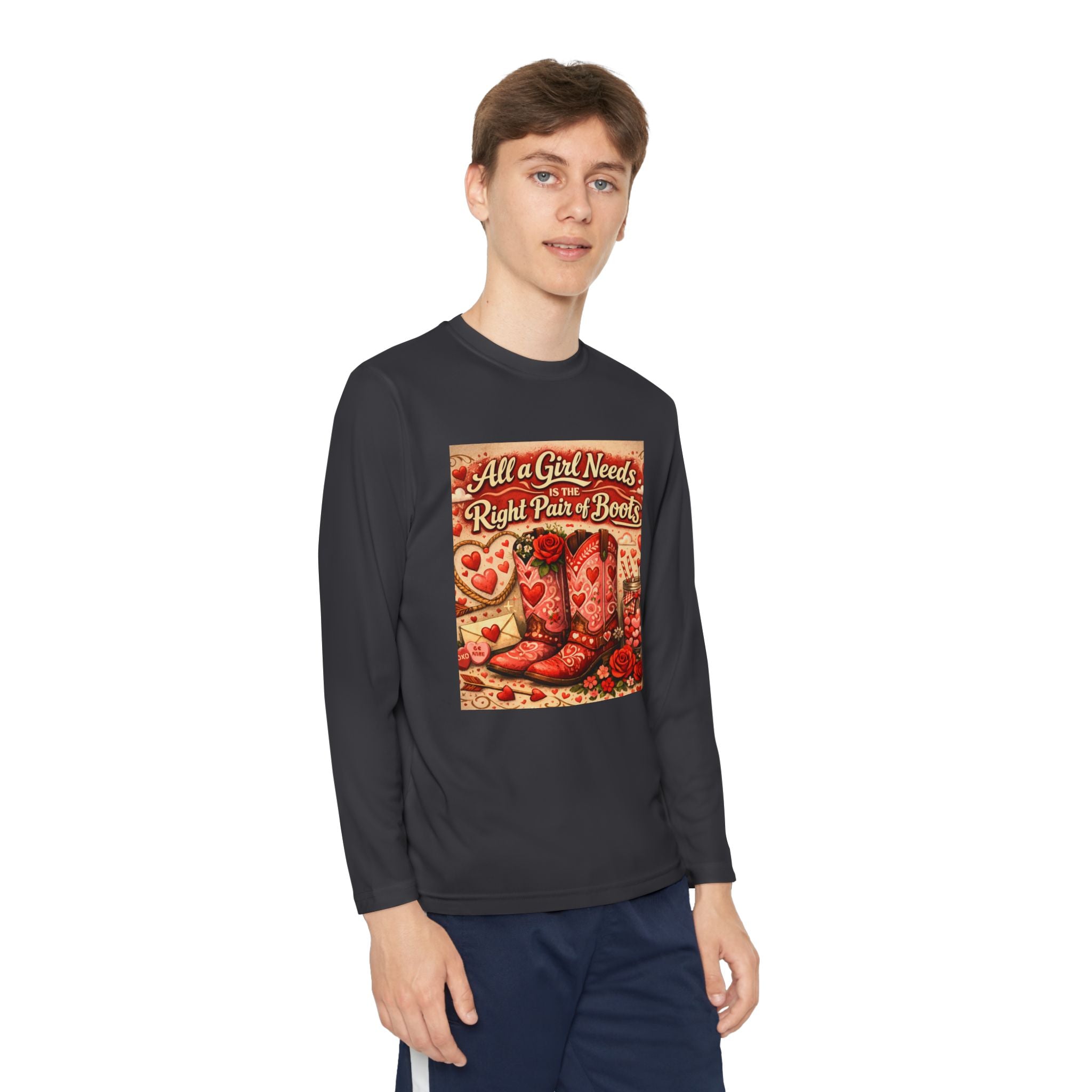 Youth Long Sleeve Tee — "All a Girl Needs is the Right Pair of Boots" Western Graphic