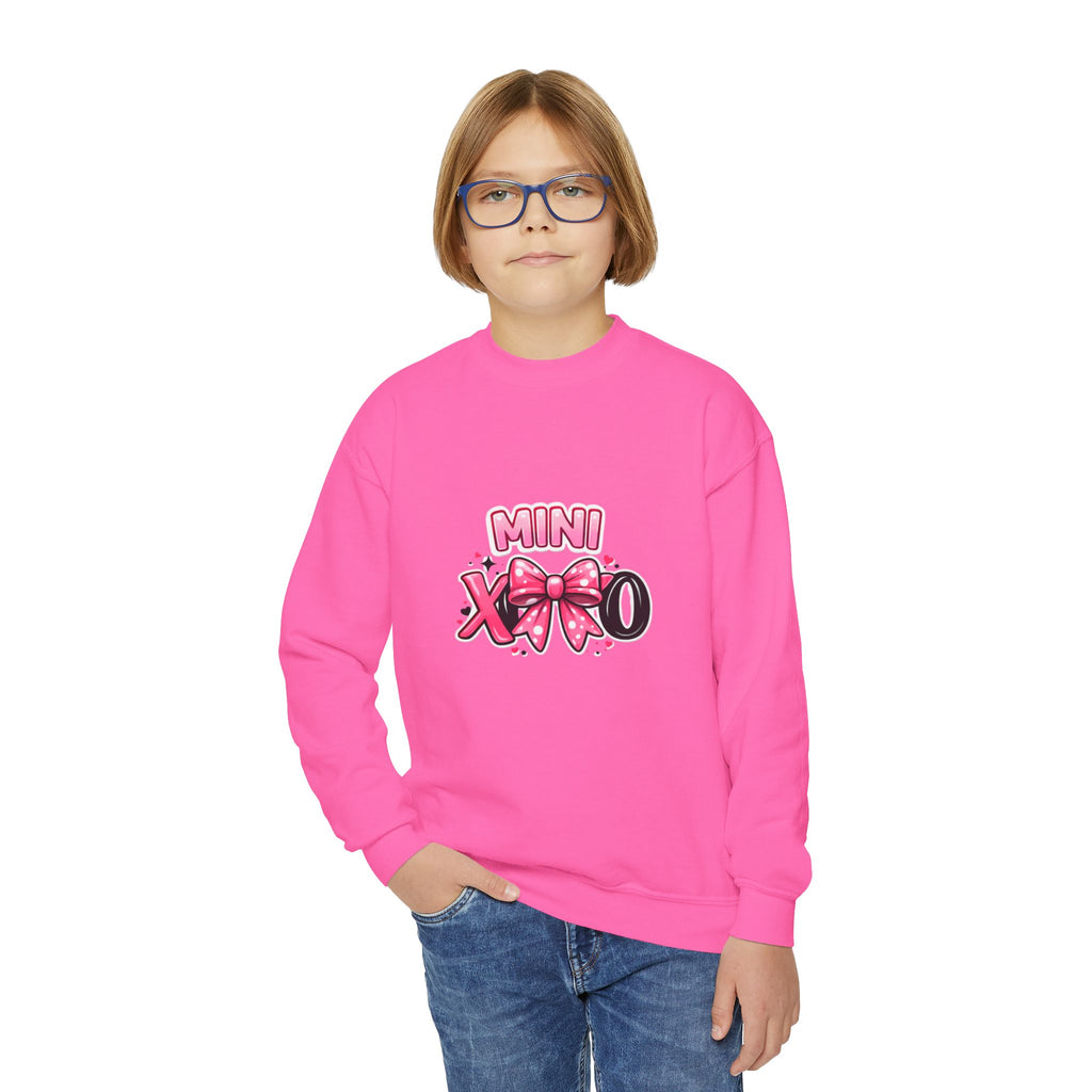 Mini XOXO Youth Crewneck Sweatshirt — Pink Bow Valentine Kids Pullover