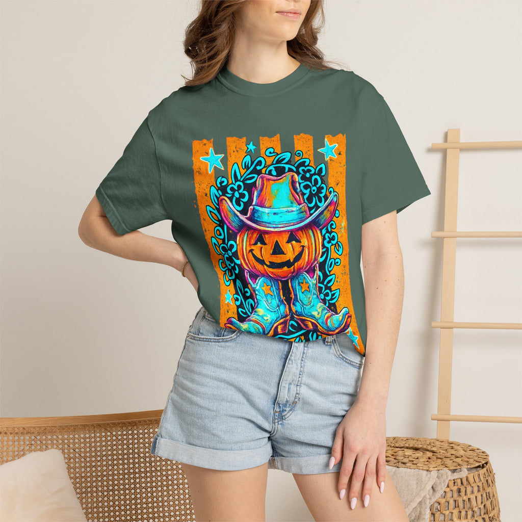 Halloween Pumpkin Cowboy T-Shirt — Neon Country Jack-O'-Lantern Graphic Tee