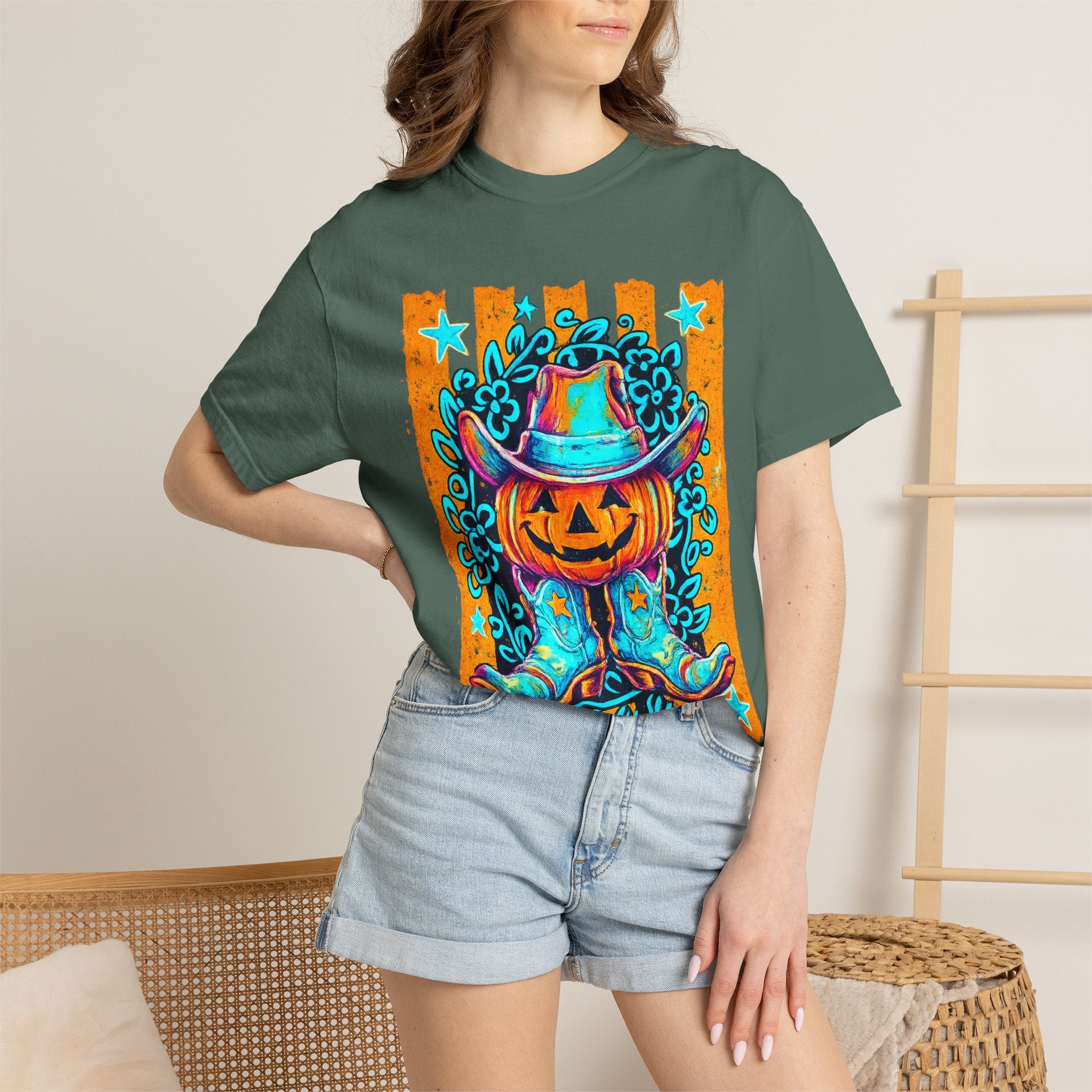 Halloween Pumpkin Cowboy T-Shirt — Neon Country Jack-O'-Lantern Graphic Tee