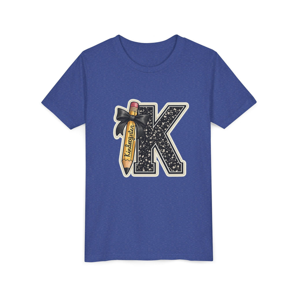 Youth K Monogram Pencil Tee — Kids Initial Letter K School Shirt