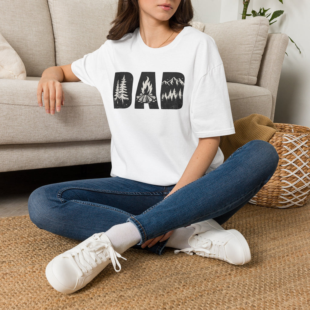 Dad Camping T-Shirt — Rustic Outdoors Father’s Day Shirt (DAD with Trees, Campfire & Mountains)