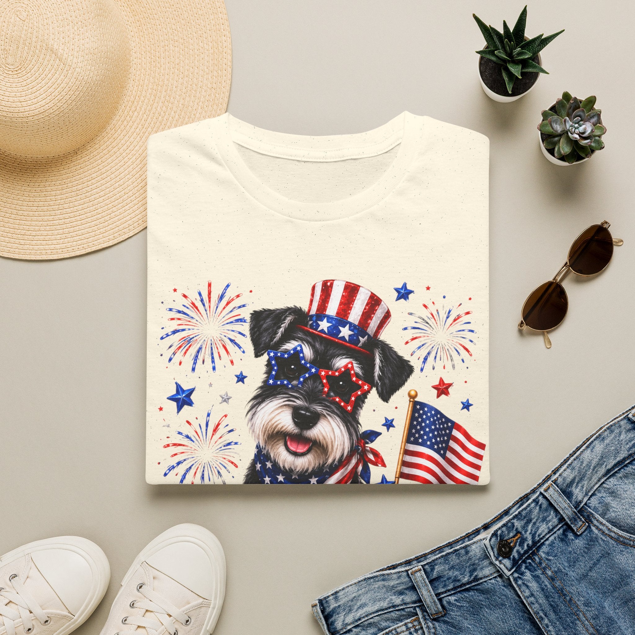Patriotic Pup T‑Shirt — American Flag Dog with Fireworks (Fourth of July)