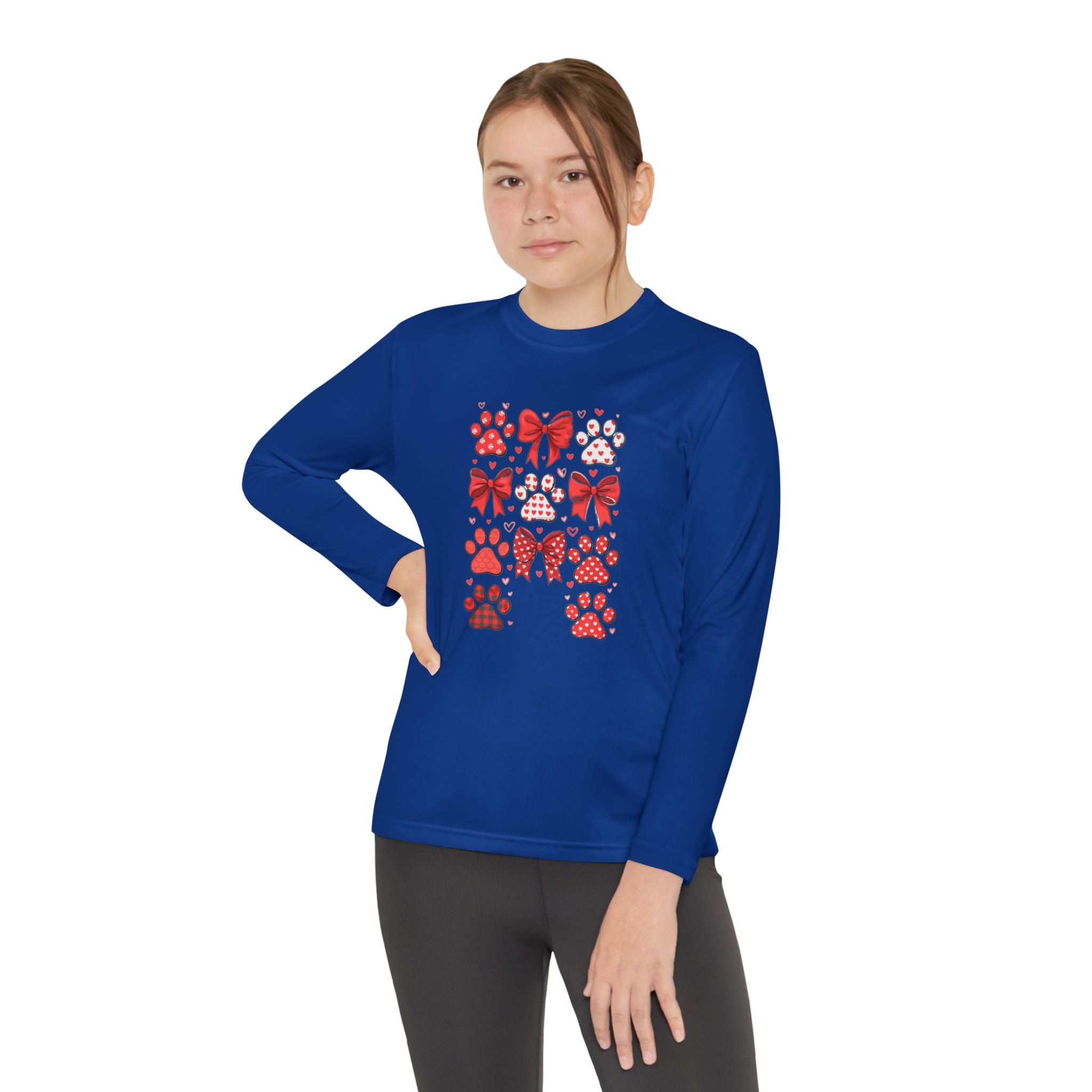 Youth Long Sleeve Tee - Red Paw & Bow Valentine Animal Print