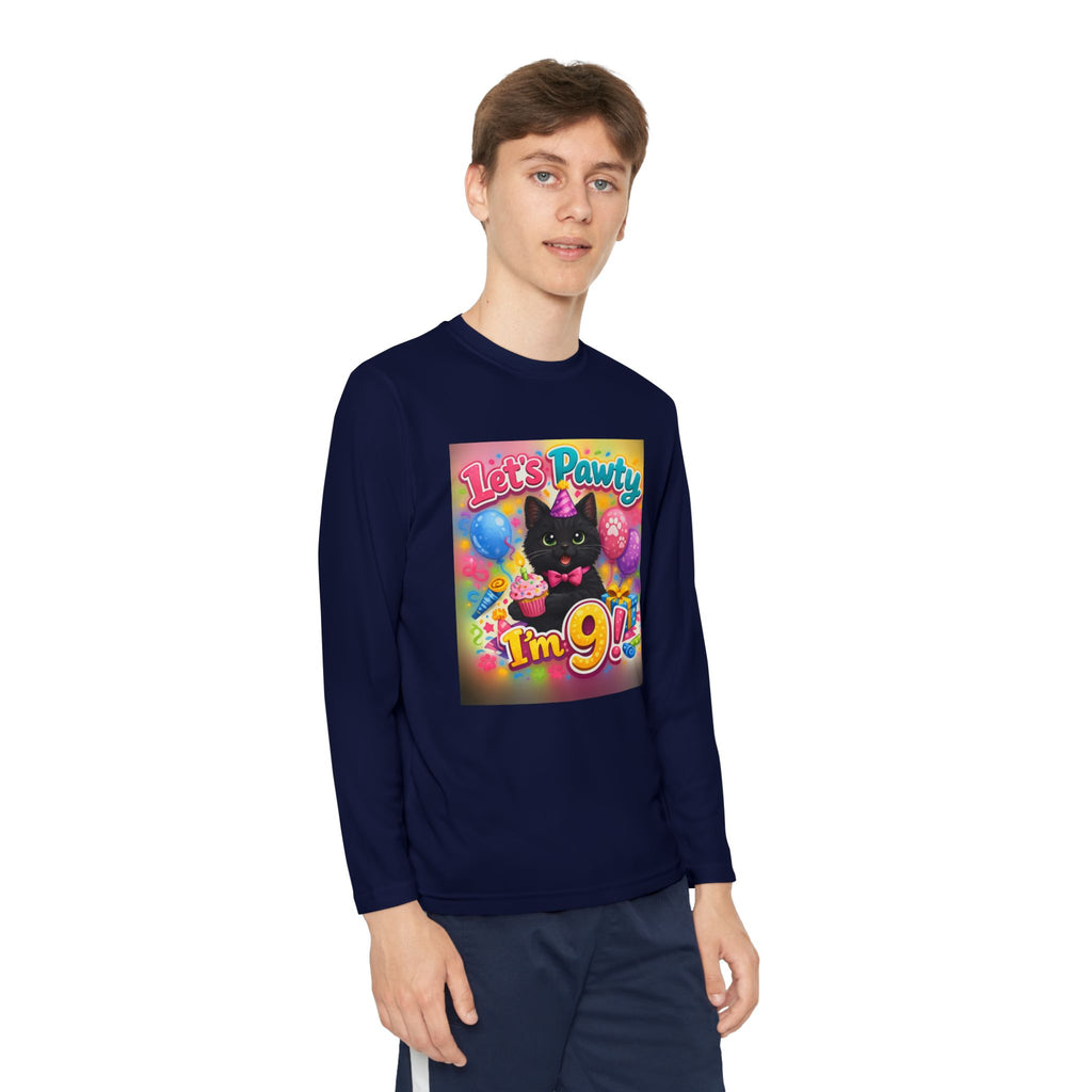 Kids' 9th Birthday Long Sleeve Tee — "Let's Pawty I'm 9!" Cat Birthday Shirt