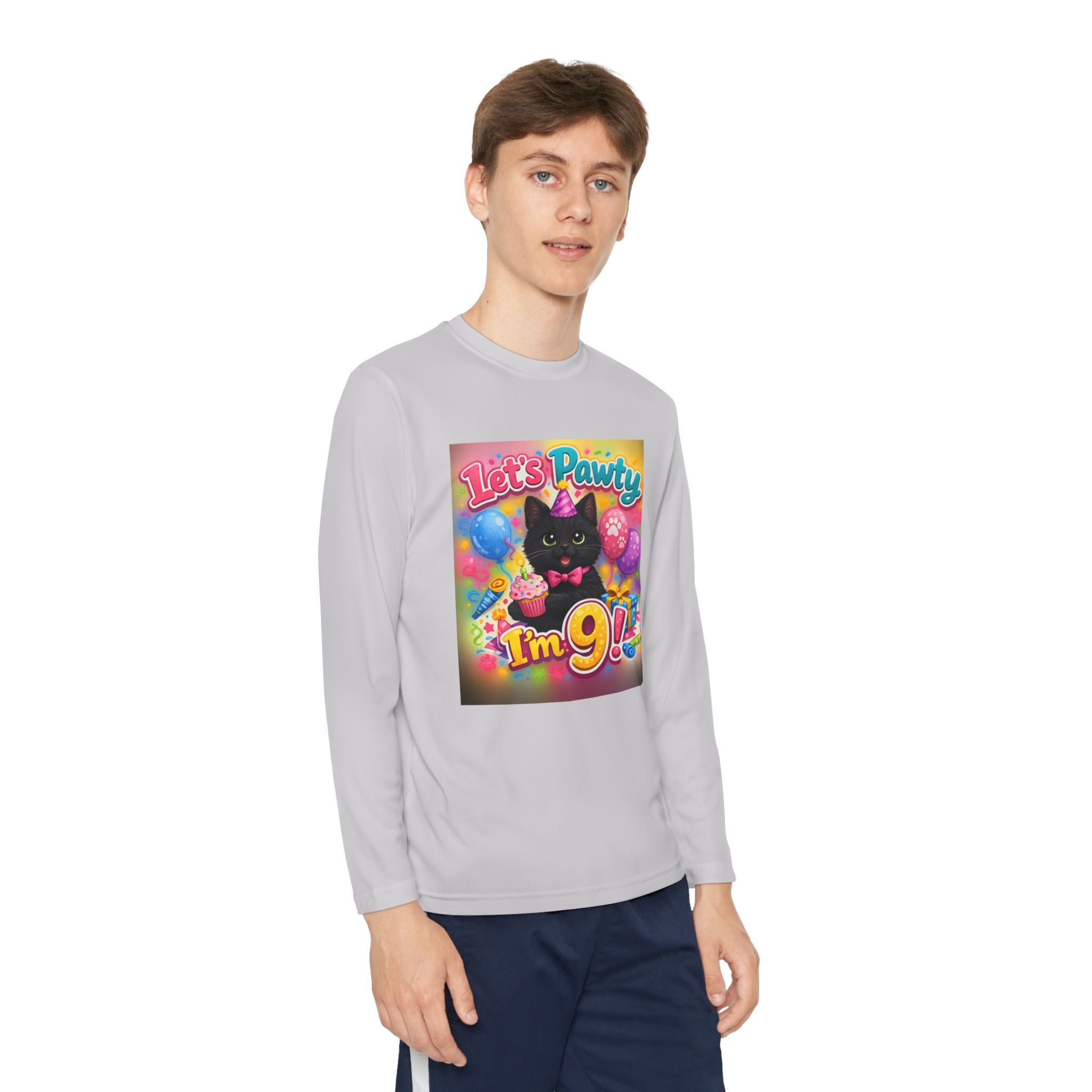 Kids' 9th Birthday Long Sleeve Tee — "Let's Pawty I'm 9!" Cat Birthday Shirt