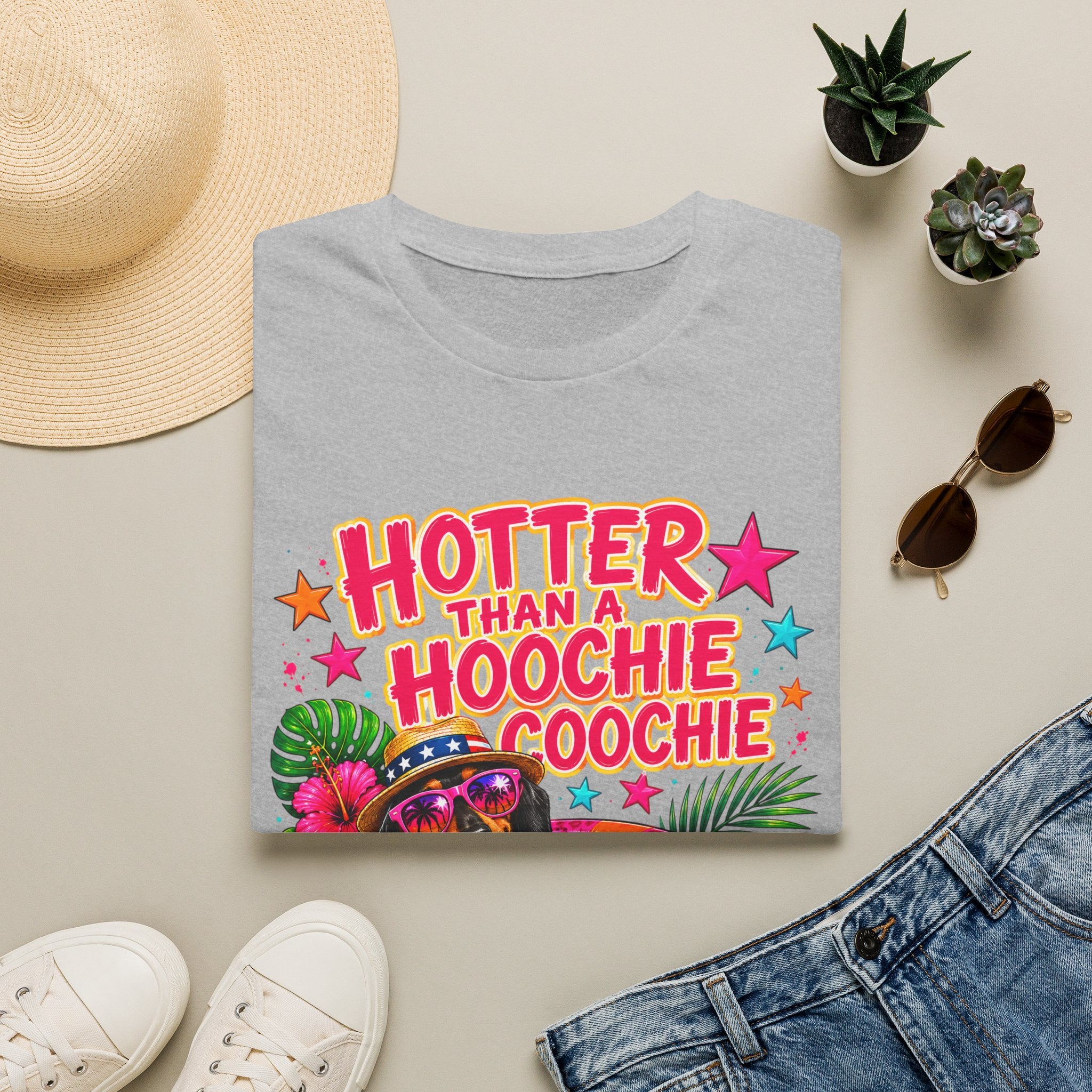 T-Shirt — "Hotter Than A Hoochie Coochie" Bright Retro Summer Graphic