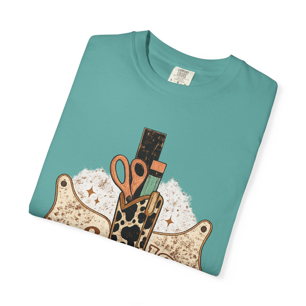 Teacher Cowgirl Boot T-Shirt – ABC 123 Classroom Scissors Design