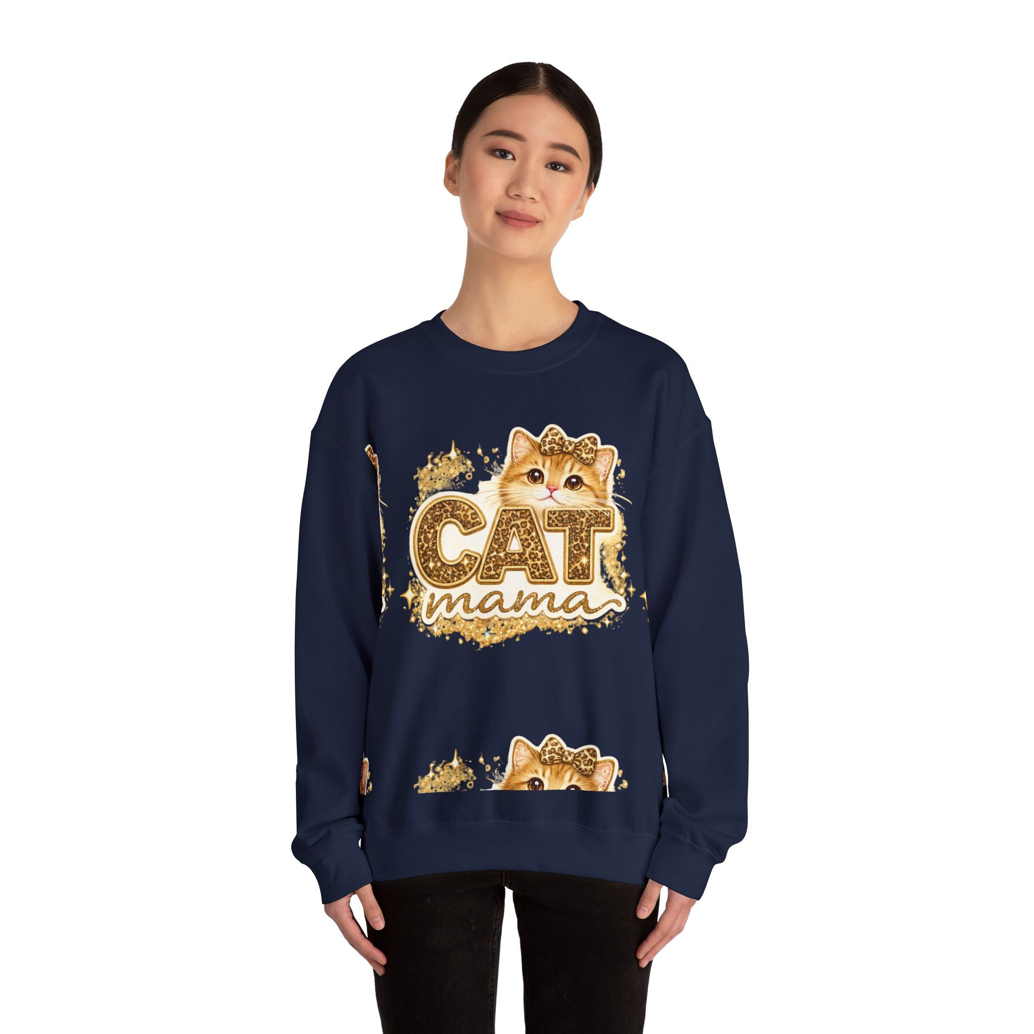 Cat Mama Crewneck Sweatshirt – Cute Gold Glitter Cat Graphic