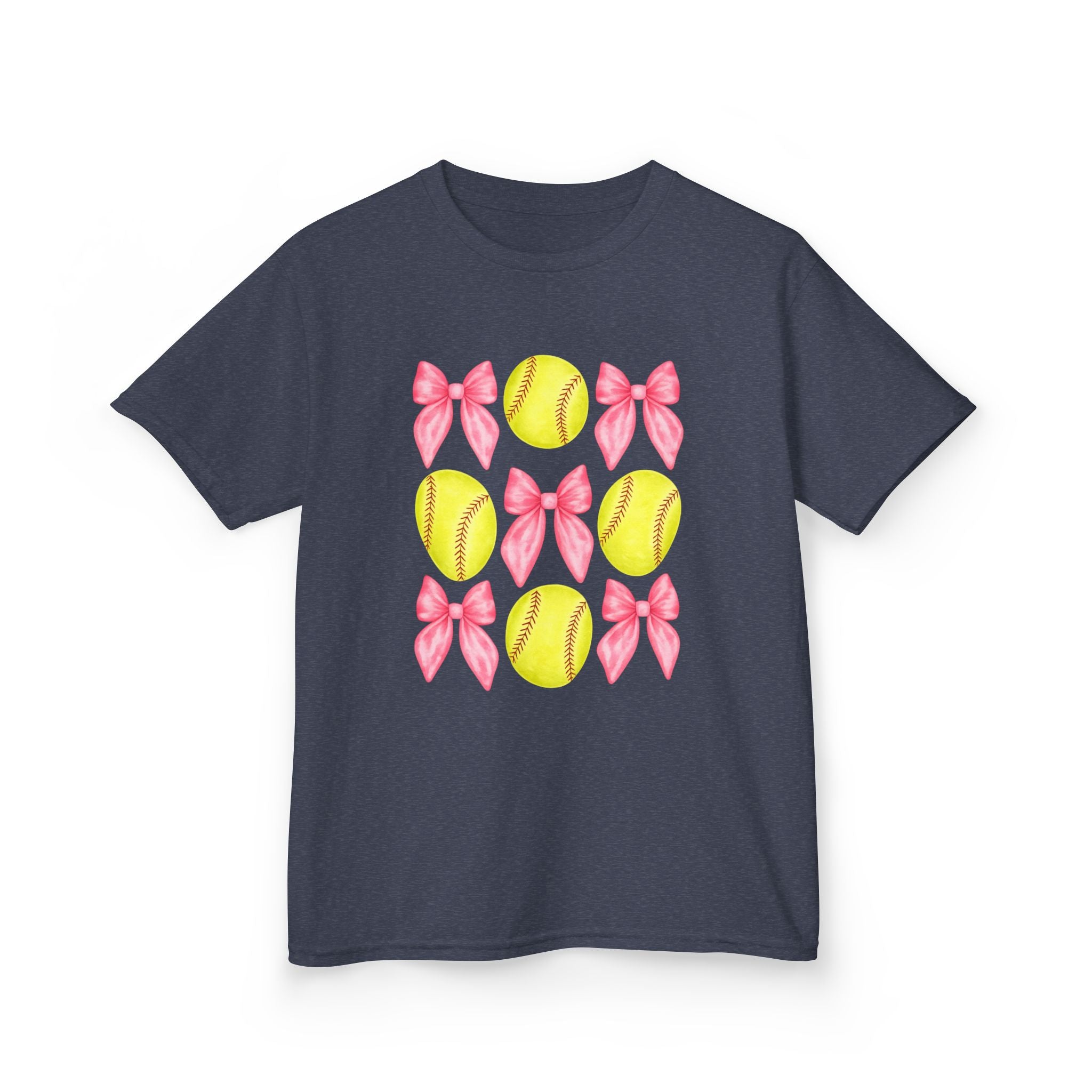 Girls Softball & Bows Kids Tee — Pink Bow Softball Pattern Shirt