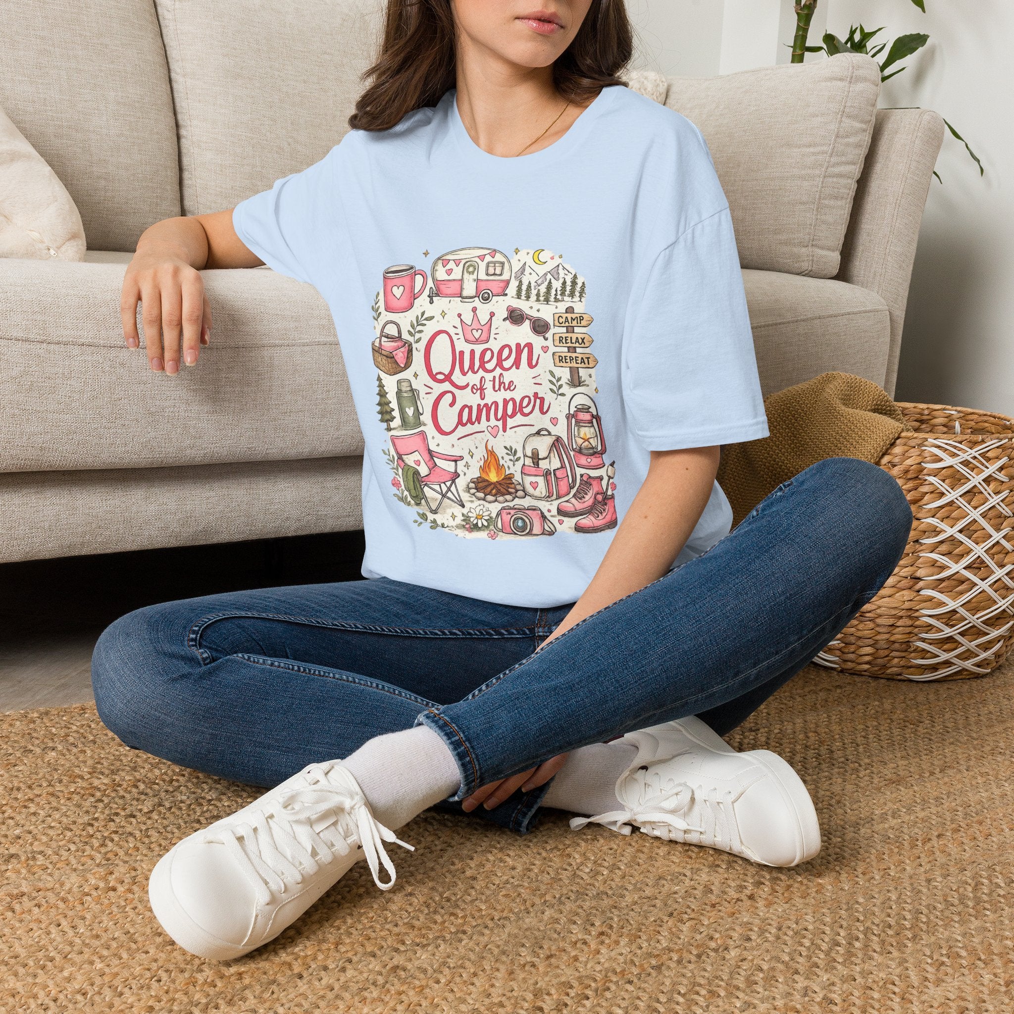 Queen of the Camper T-Shirt — Cute Pink Camping RV Graphic Tee for Women
