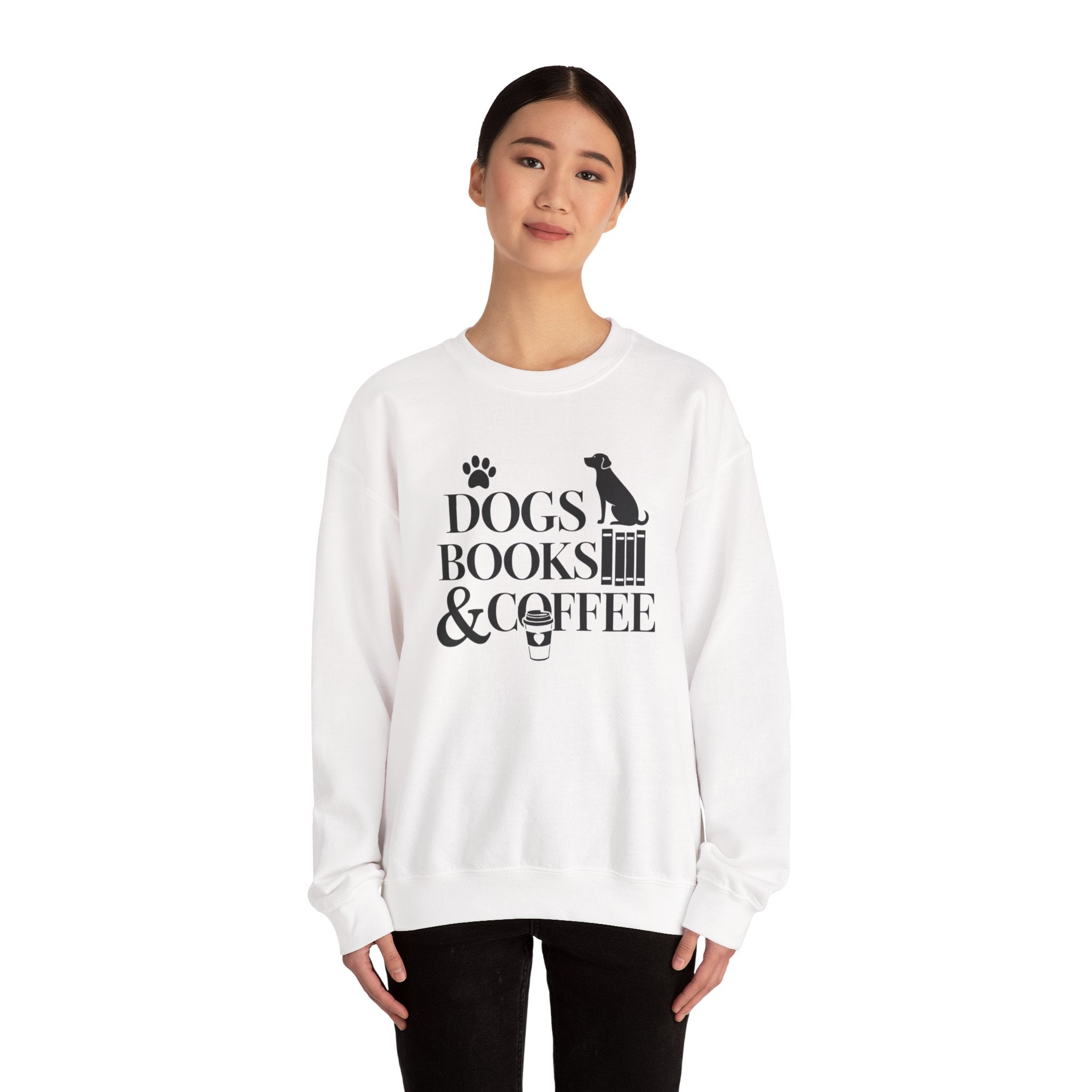 Dogs, Books & Coffee Crewneck Sweatshirt — Cozy Reading & Pet Lover Pullover