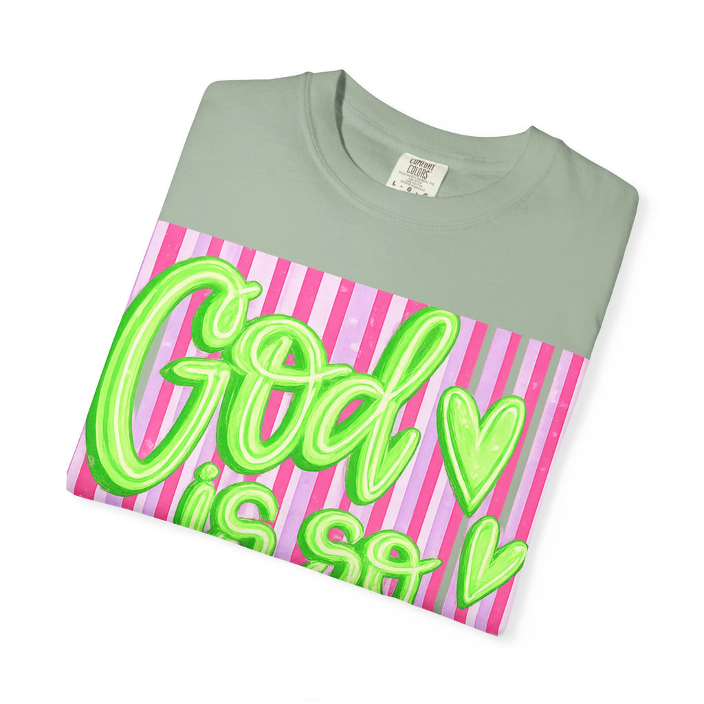 God Is So Good T-Shirt — Neon Green Script on Pink Stripe Christian Tee