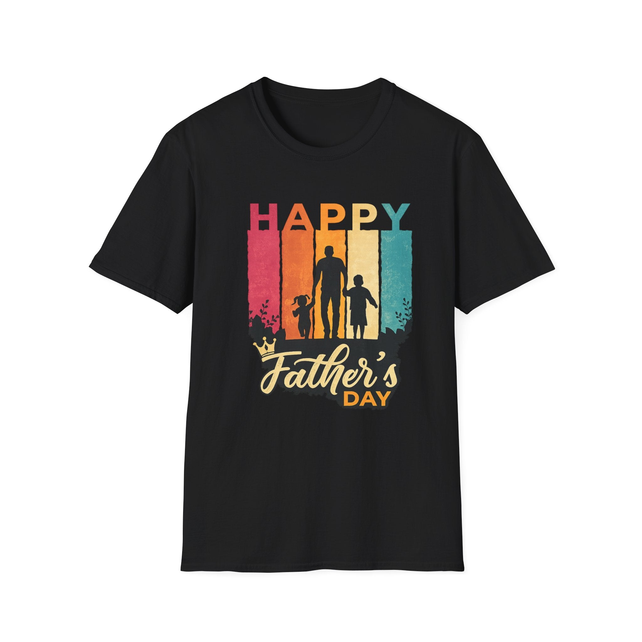 Happy Father's Day T-Shirt — Silhouette Dad with Kids Retro Stripes