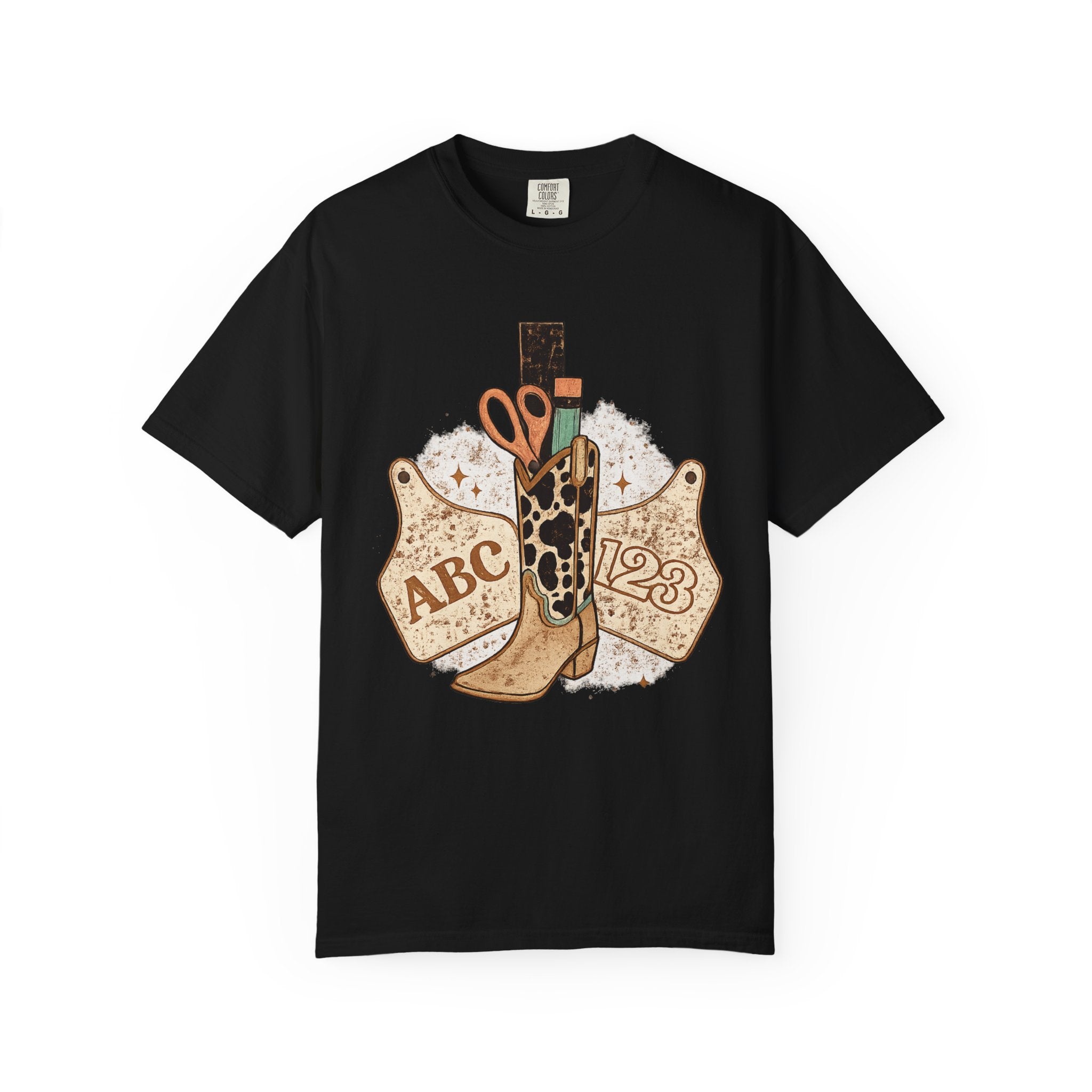 Teacher Cowgirl Boot T-Shirt – ABC 123 Classroom Scissors Design
