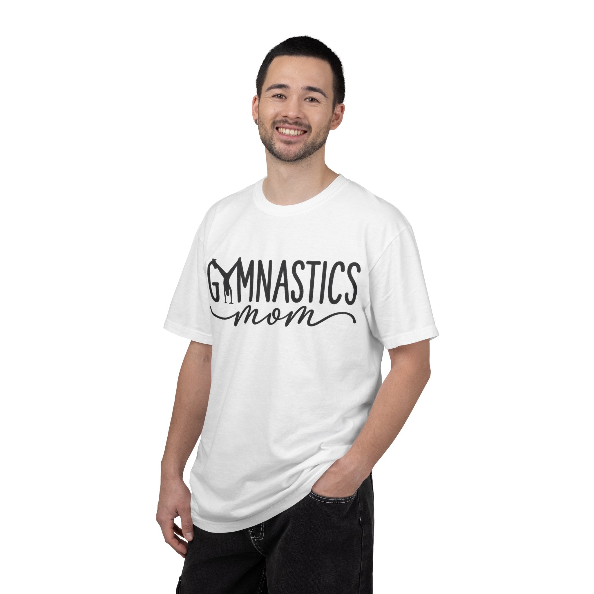 Gymnastics Mom T-Shirt — Casual White Crew Tee with Script Logo