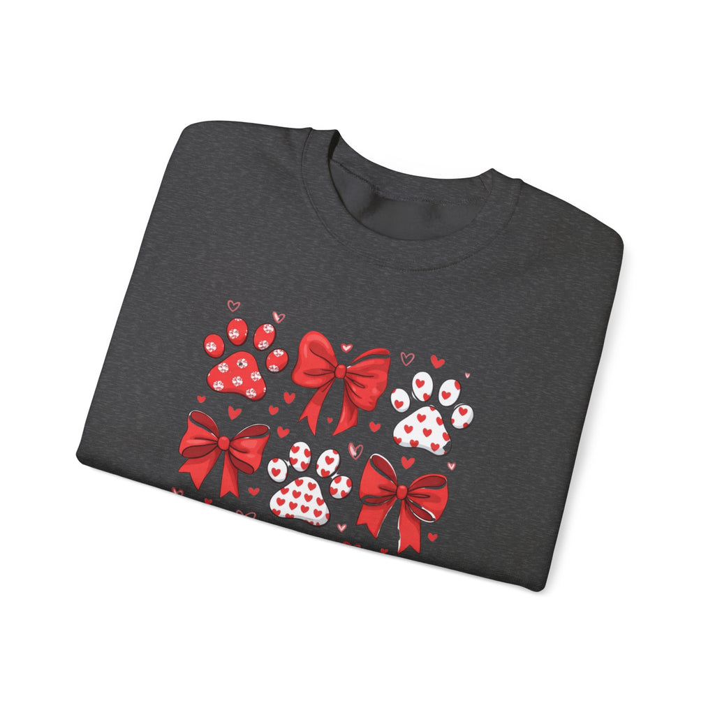 Valentine Paw Print Crewneck Sweatshirt — Red Bows & Hearts Pet Lover Pullover