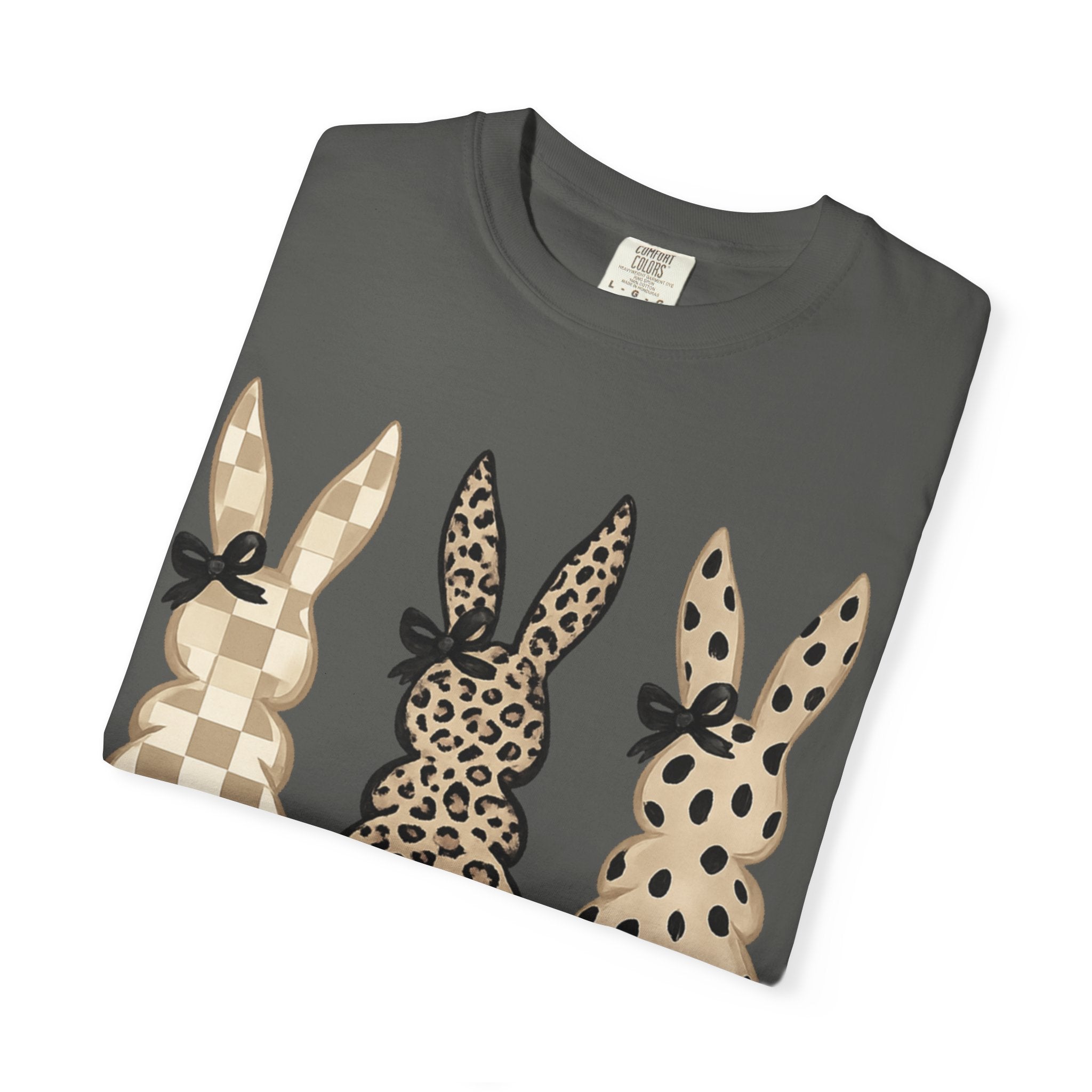 Easter Bunny Trio T-Shirt — Neutral Plaid, Leopard & Polka Dot Bunnies