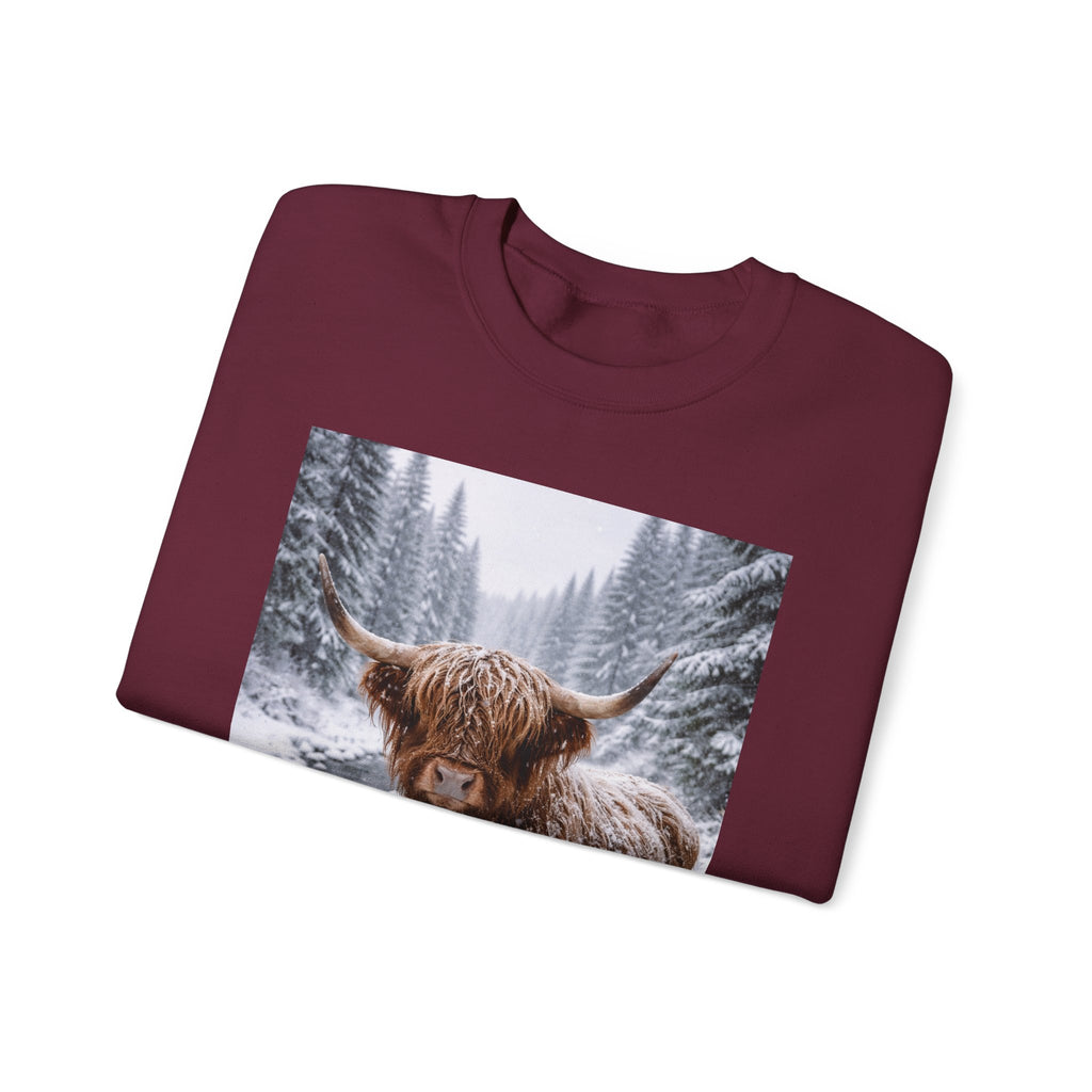Highland Cow in Snow Crewneck Sweatshirt - Cozy Winter Forest Highlander Graphic