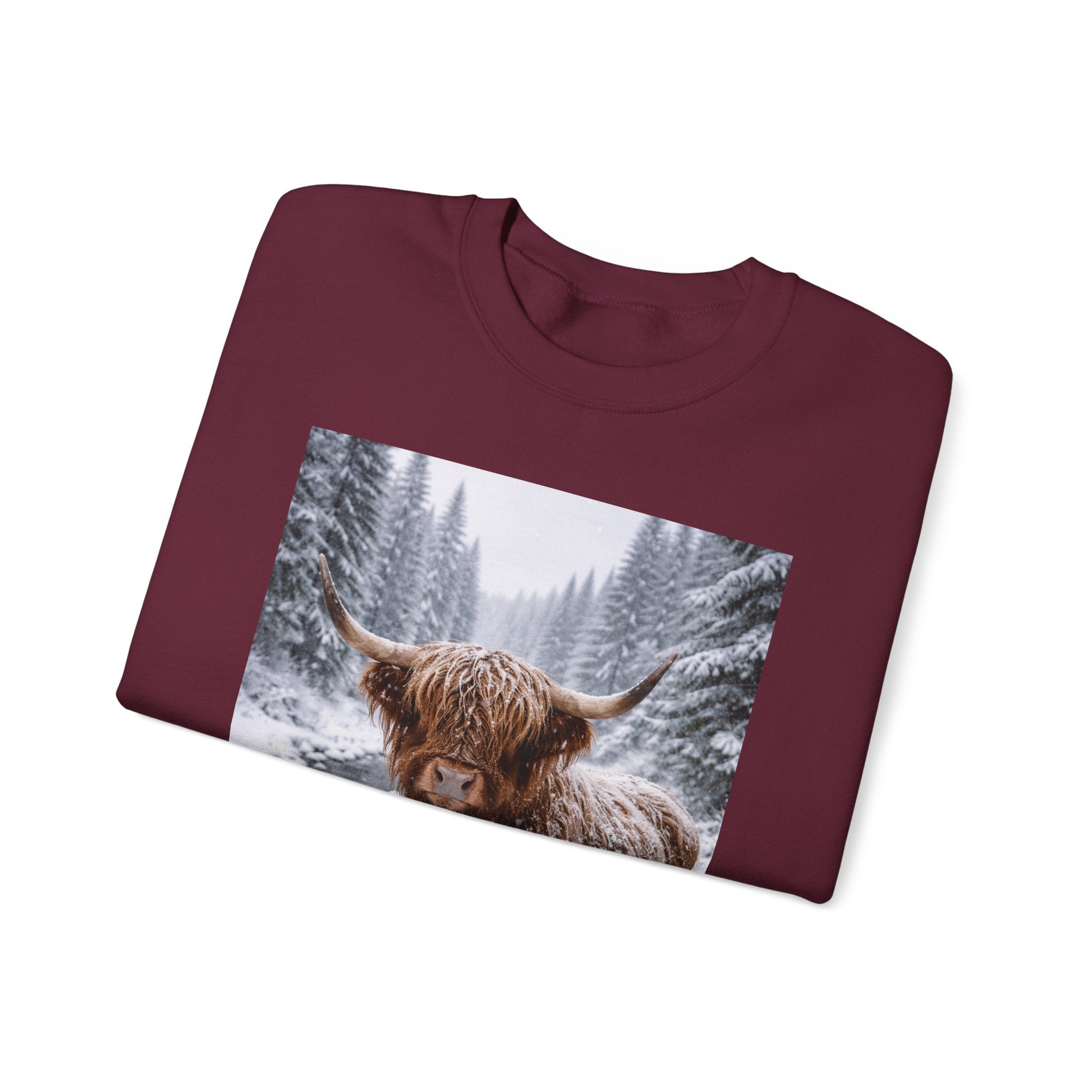 Highland Cow in Snow Crewneck Sweatshirt - Cozy Winter Forest Highlander Graphic