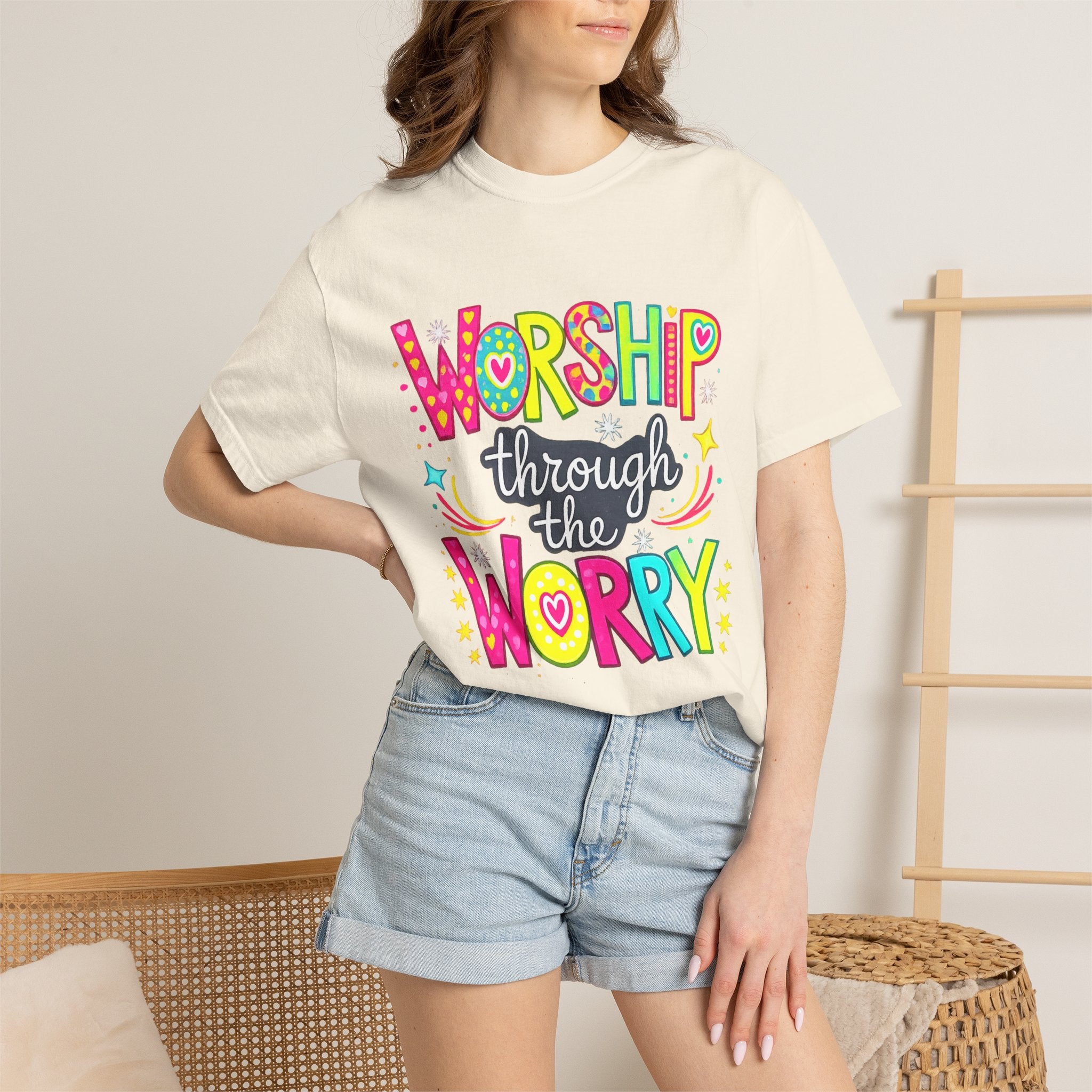 Worship Through the Worry T-Shirt — Colorful Christian Faith Tee
