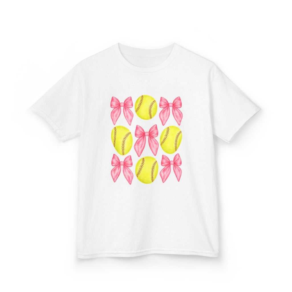 Girls Softball & Bows Kids Tee — Pink Bow Softball Pattern Shirt
