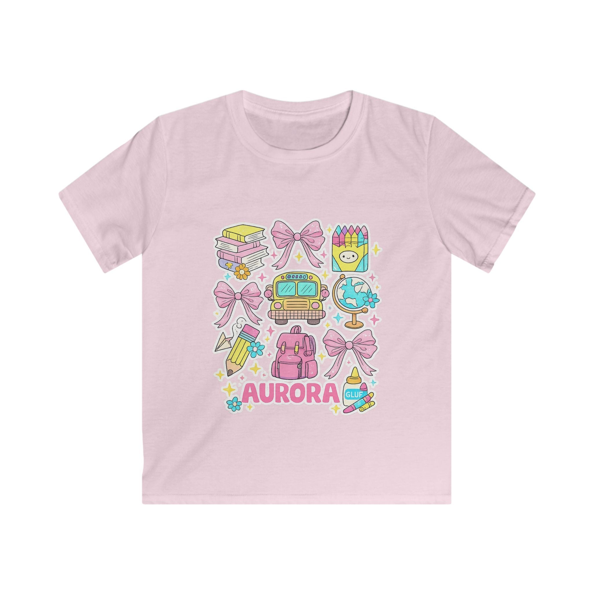 Kids Tee — Cute Pastel School Icons Design with Name "Aurora"