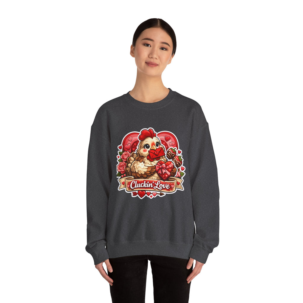 Crewneck Sweatshirt — "Cluckin' Love" Cute Chicken Valentine Design