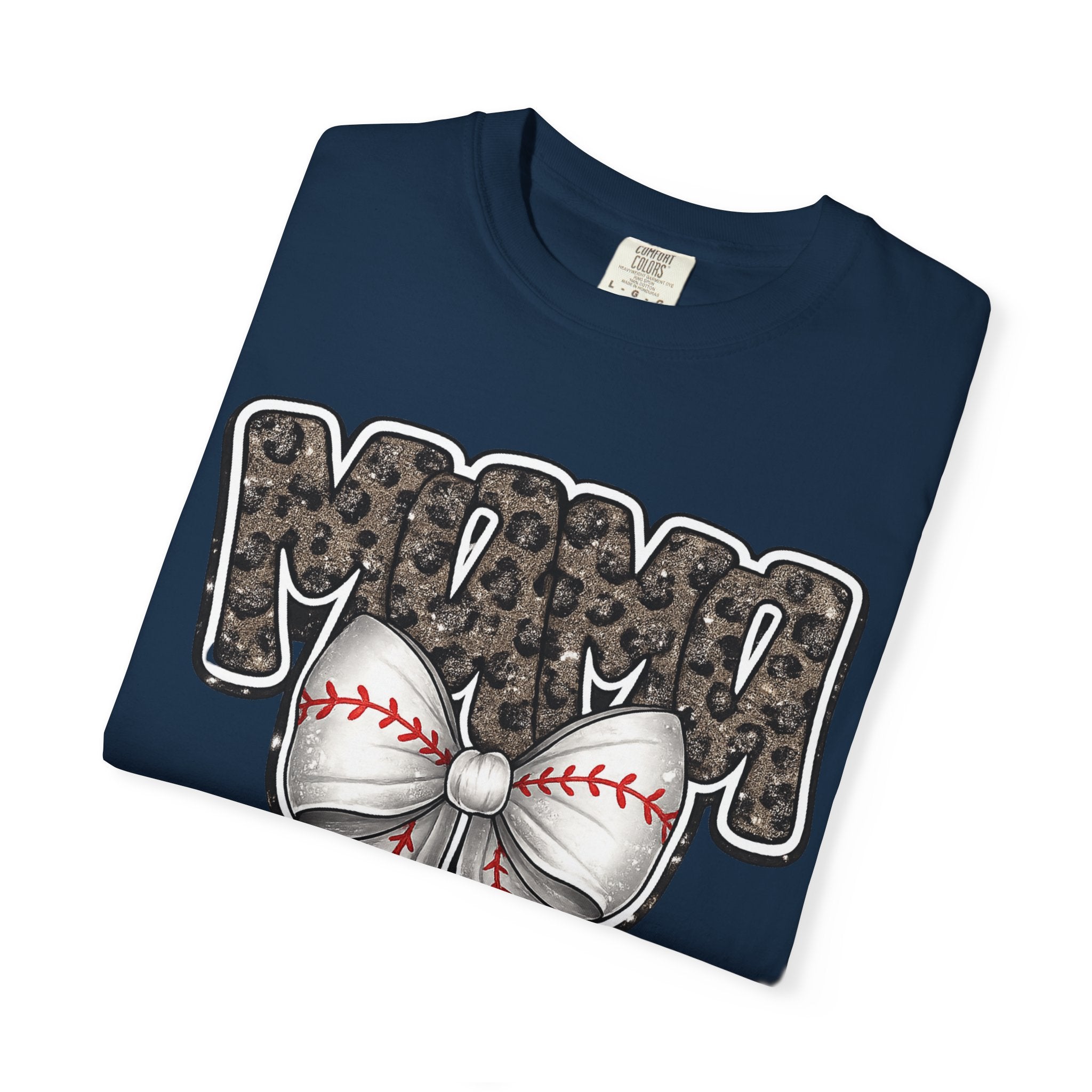 Baseball Mom T-Shirt — Camo Lettering with Baseball Bow