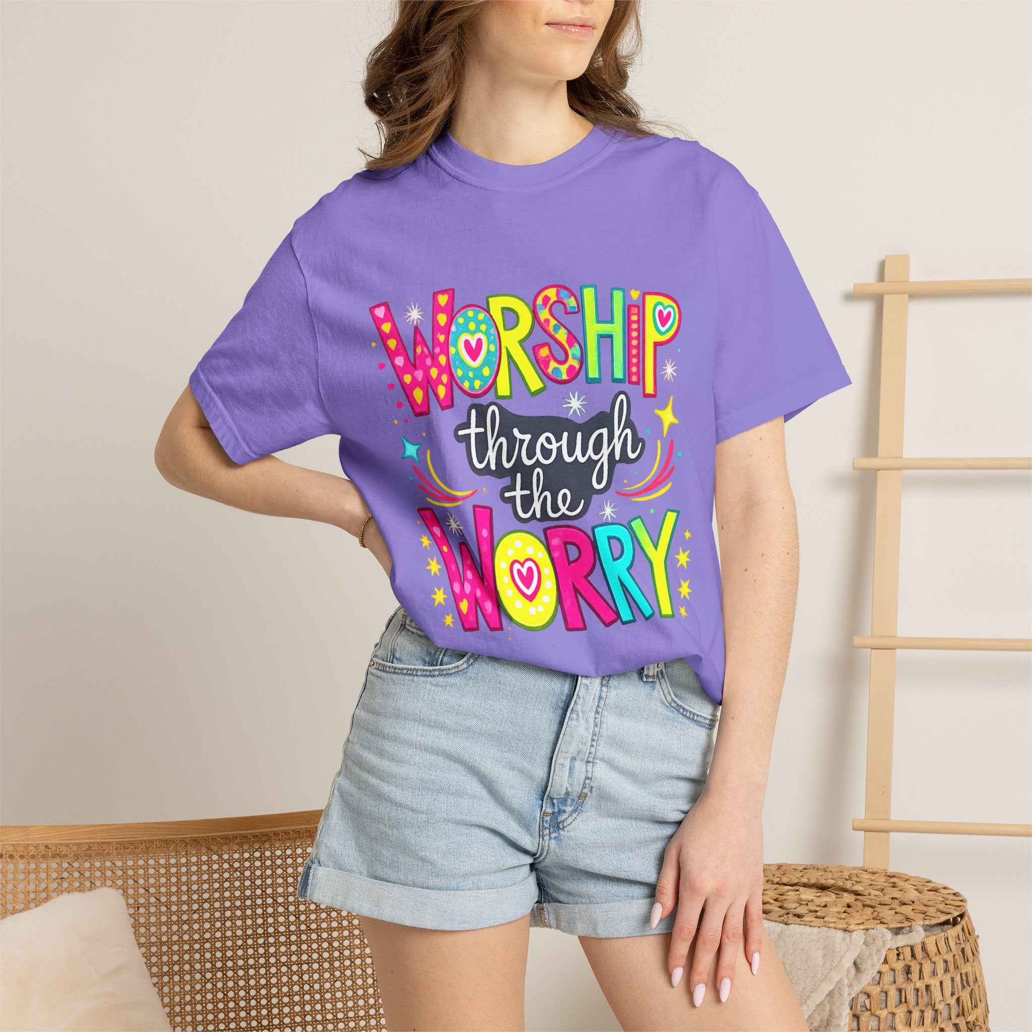 Worship Through the Worry T-Shirt — Colorful Christian Faith Tee